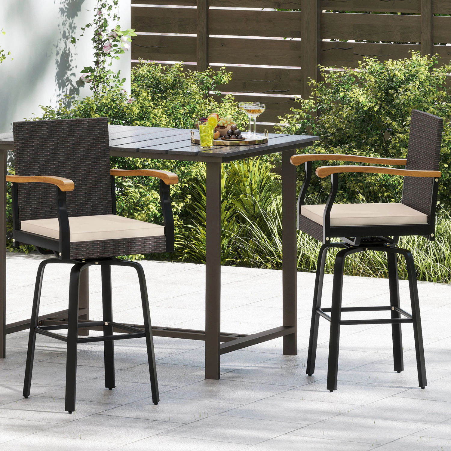 LJG Outdoor 360° Swivel Bar Stool with Cushion and Acacia Wood Armrests-F