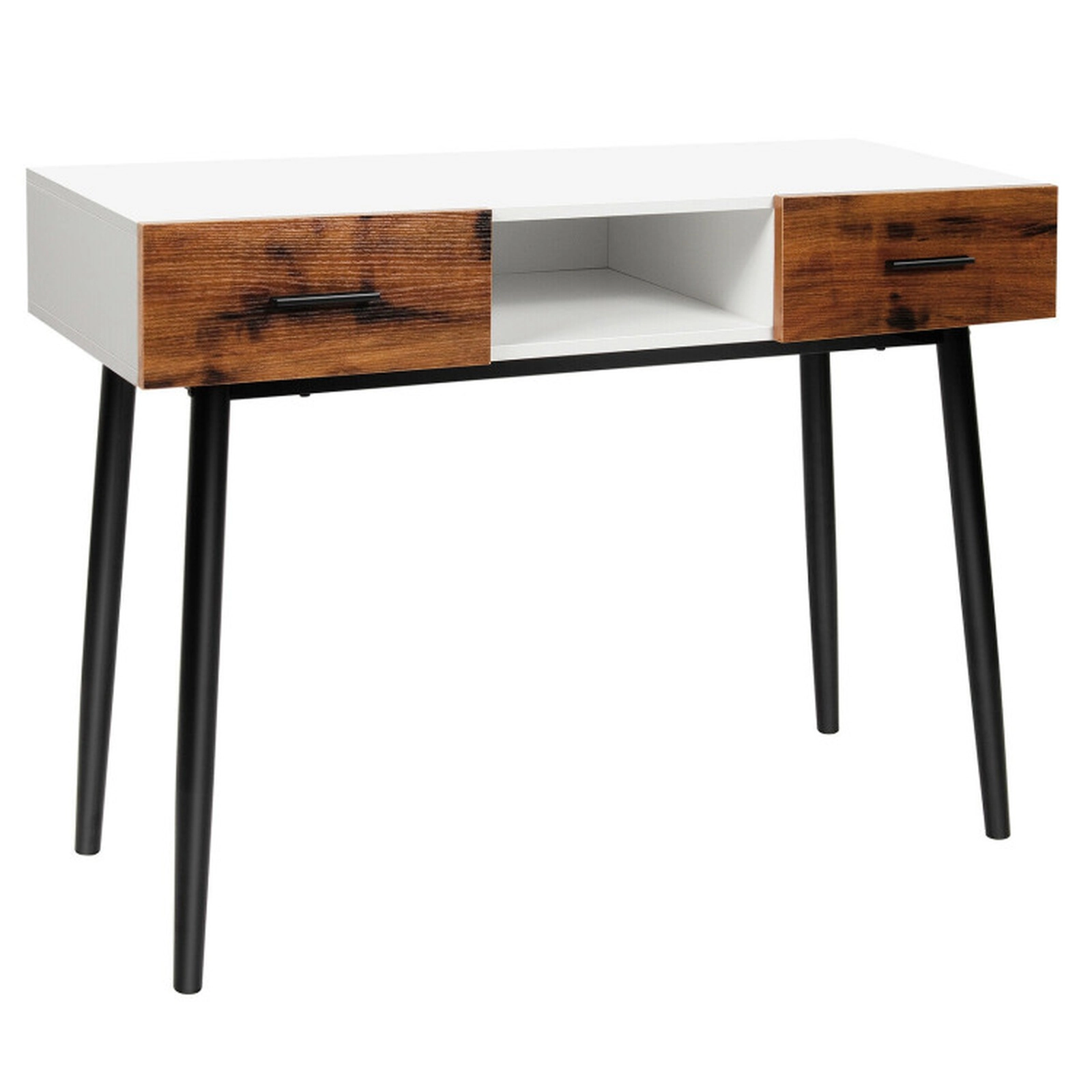 SUGIFT 42-in Industrial Console Table with 2 Drawers and Open Shelf 88-lb Capacity Black White Brown