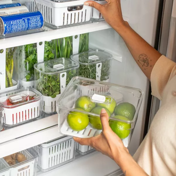 OU Fridge Organizer Bin w/ Vented Lid, Clear Stackable Refrigerator Storage Container w/ Drain Tray