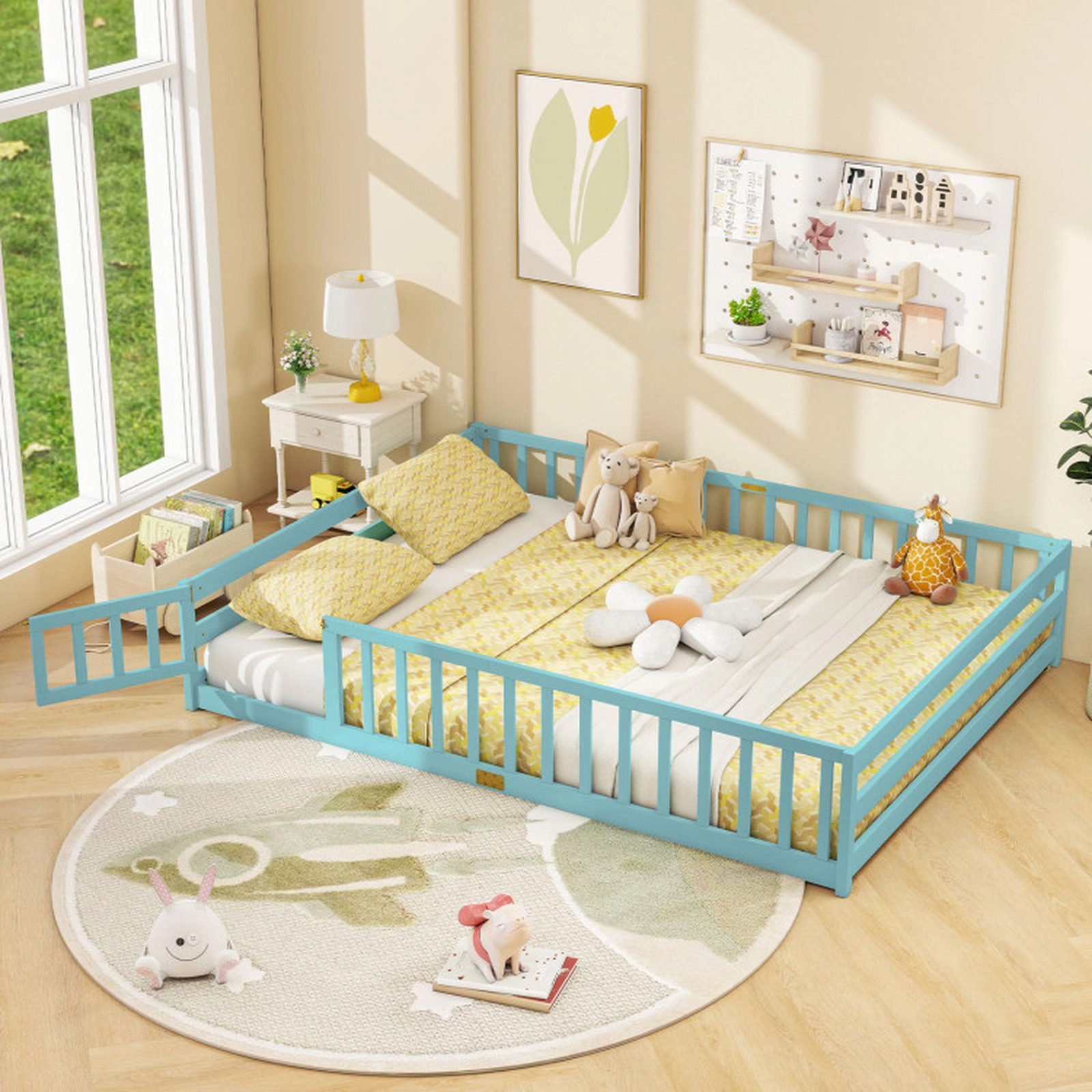 SUGIFT Turquoise Full-Length Guardrails and Lockable Door Queen Kids Montessori Floor Bed Frame