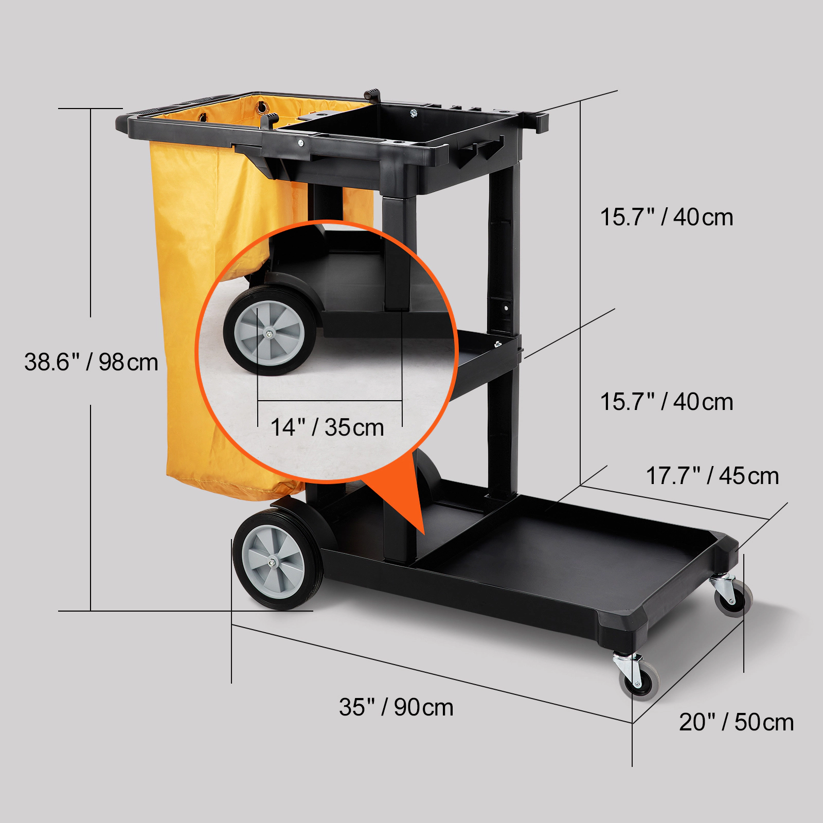 HONGGE Cleaning Cart 3-Shelf Commercial Janitorial Cart 200 lbs Capacity Plastic Housekeeping Cart with 25 Gallon PVC