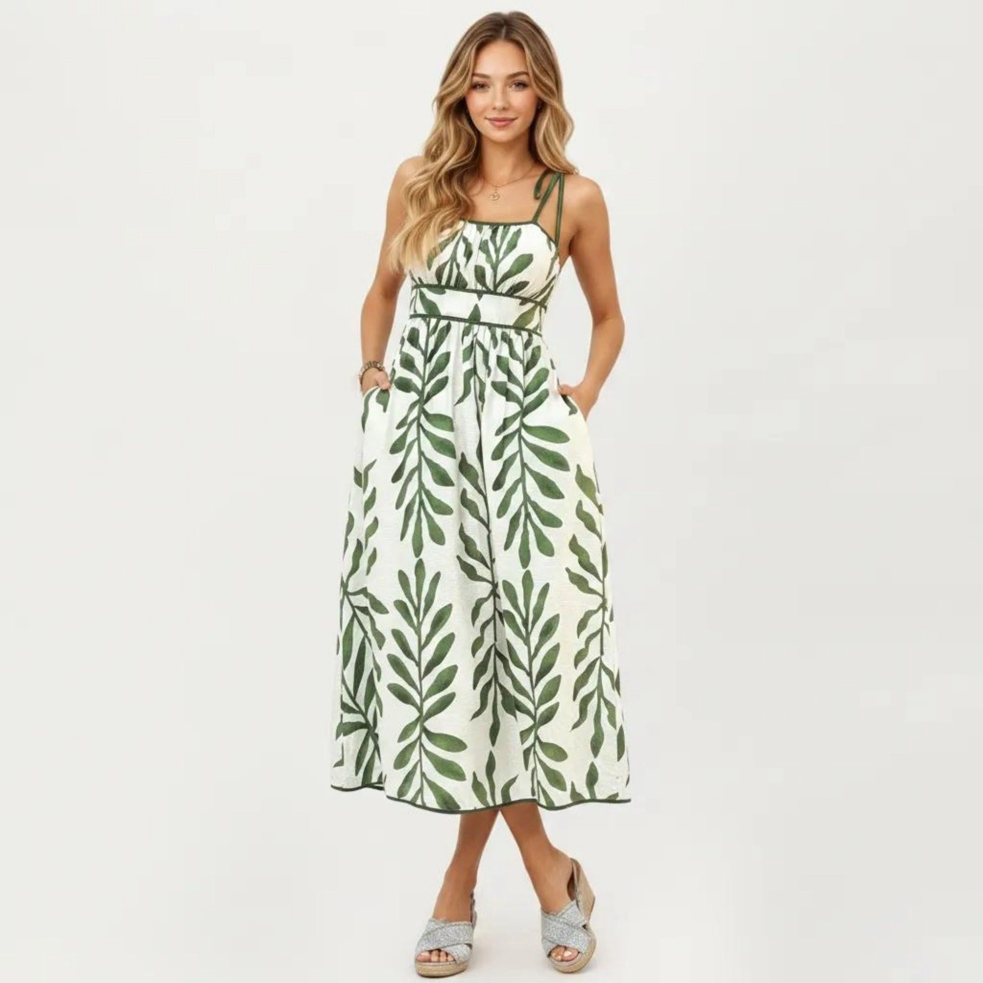 Anna-Kaci Women's Sleeveless Leaf Print Tie Shoulder Straps Smocked Back A-Line Midi Dress