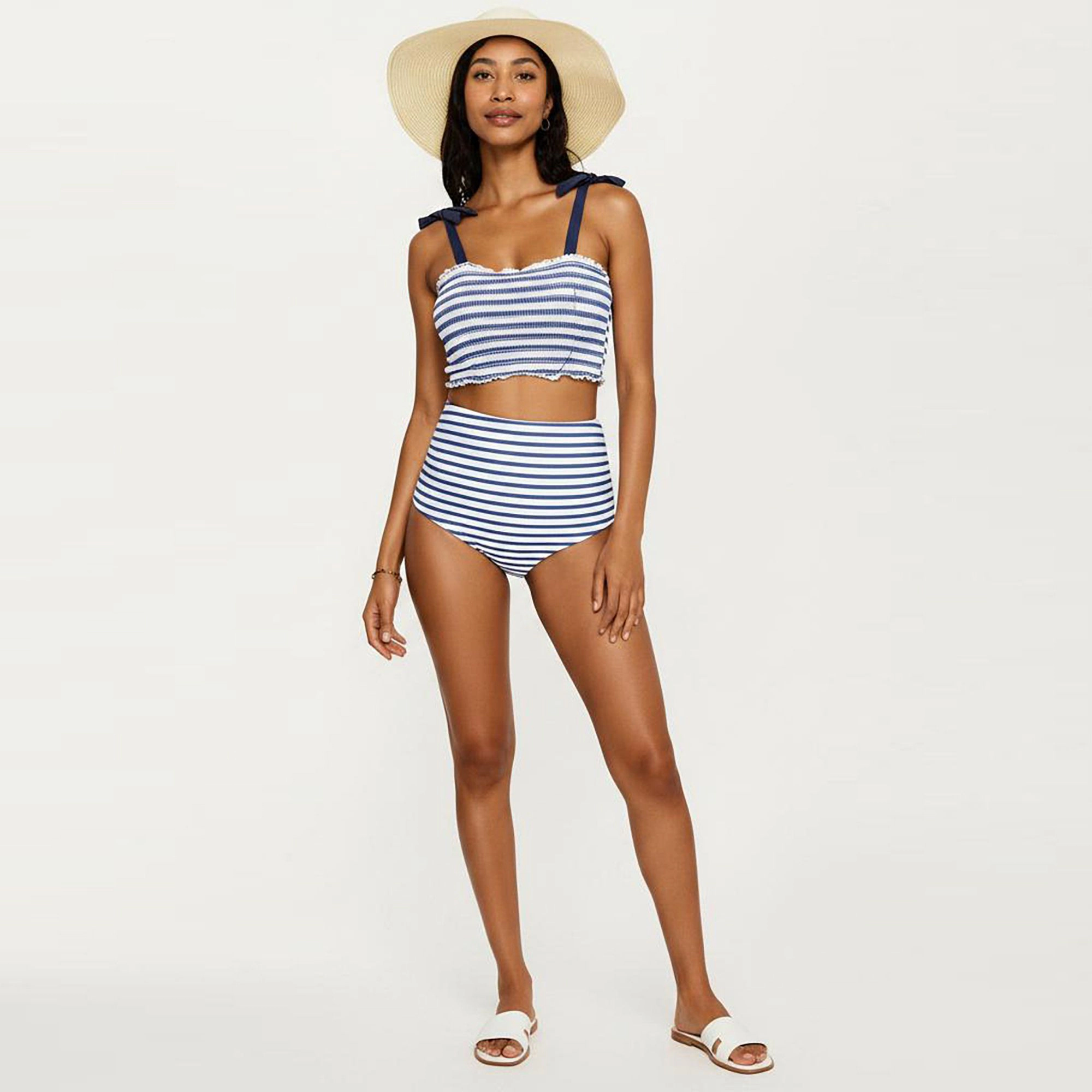 Anna-Kaci Women’s Maternity Striped Smocked Bandeau Bikini Set - Tie Shoulder Top, High-Waisted Bottoms