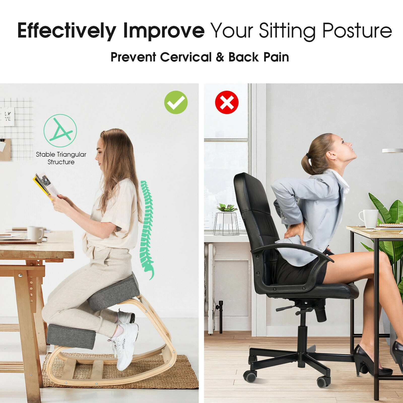SUGIFT 330-lb Capacity Gray Birch and Poplar Wood Rocking Kneeling Chair with Curved Base and Upright Posture