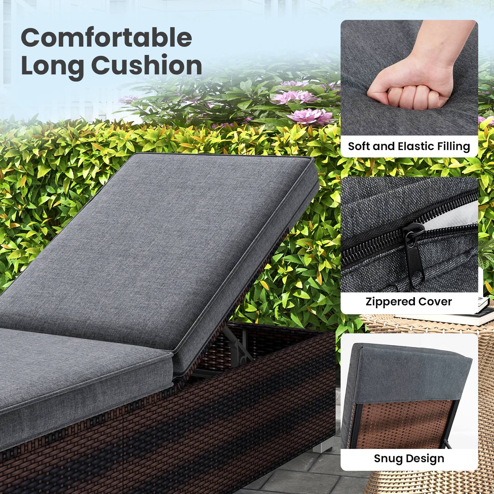 SUGIFT Brown Outdoor Wicker Lounge Chair with 4-Level Backrest and 76-Inch Cushion