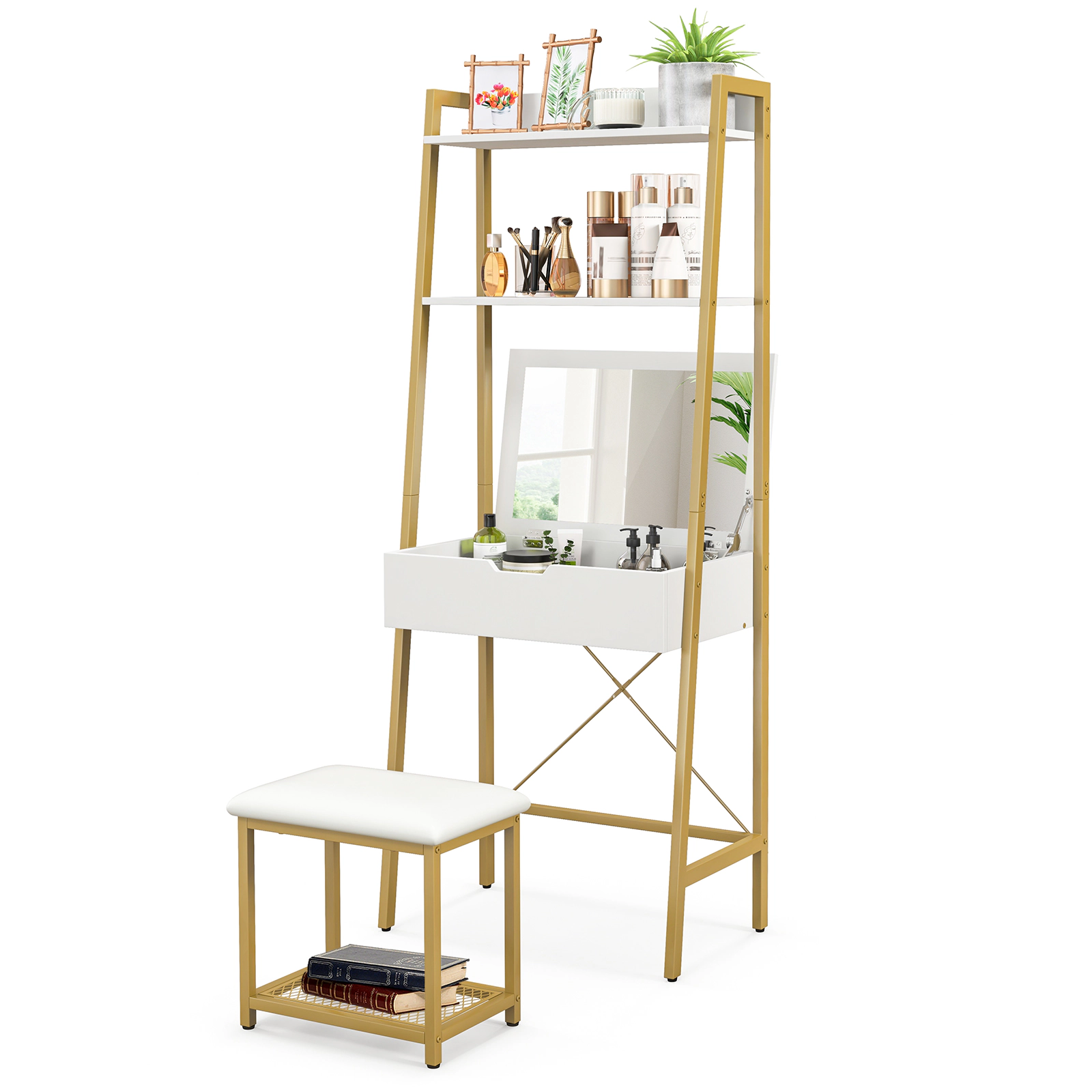 SUGIFT 2-Piece Ladder Vanity Desk Set with Flip-Top Mirror, Shelves and Stool