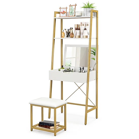 SUGIFT 2-Piece Ladder Vanity Desk Set with Flip-Top Mirror, Shelves and Stool