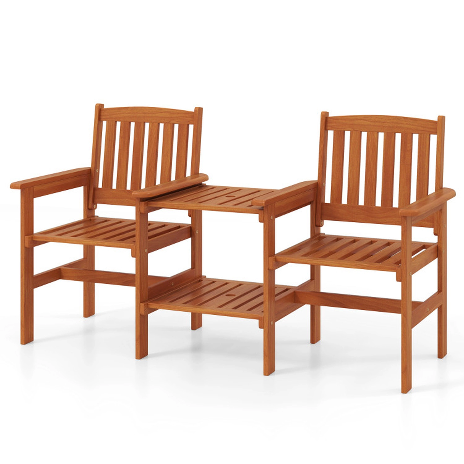 SUGIFT 2-Seater Outdoor Conversation Bench 1.57-in Umbrella Hole 265-lb Chair Capacity 90-lb Shelf Capacity Natural
