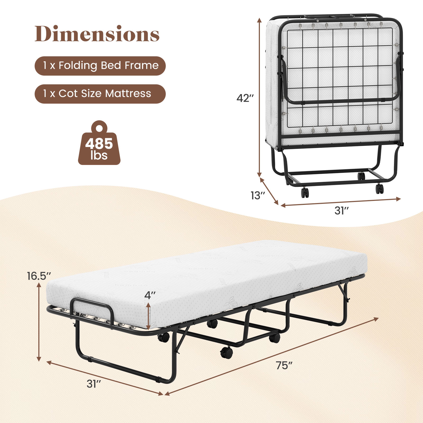 SUGIFT Cot Size Folding Guest Bed with 4 Inch Memory Foam Mattress and Metal Frame