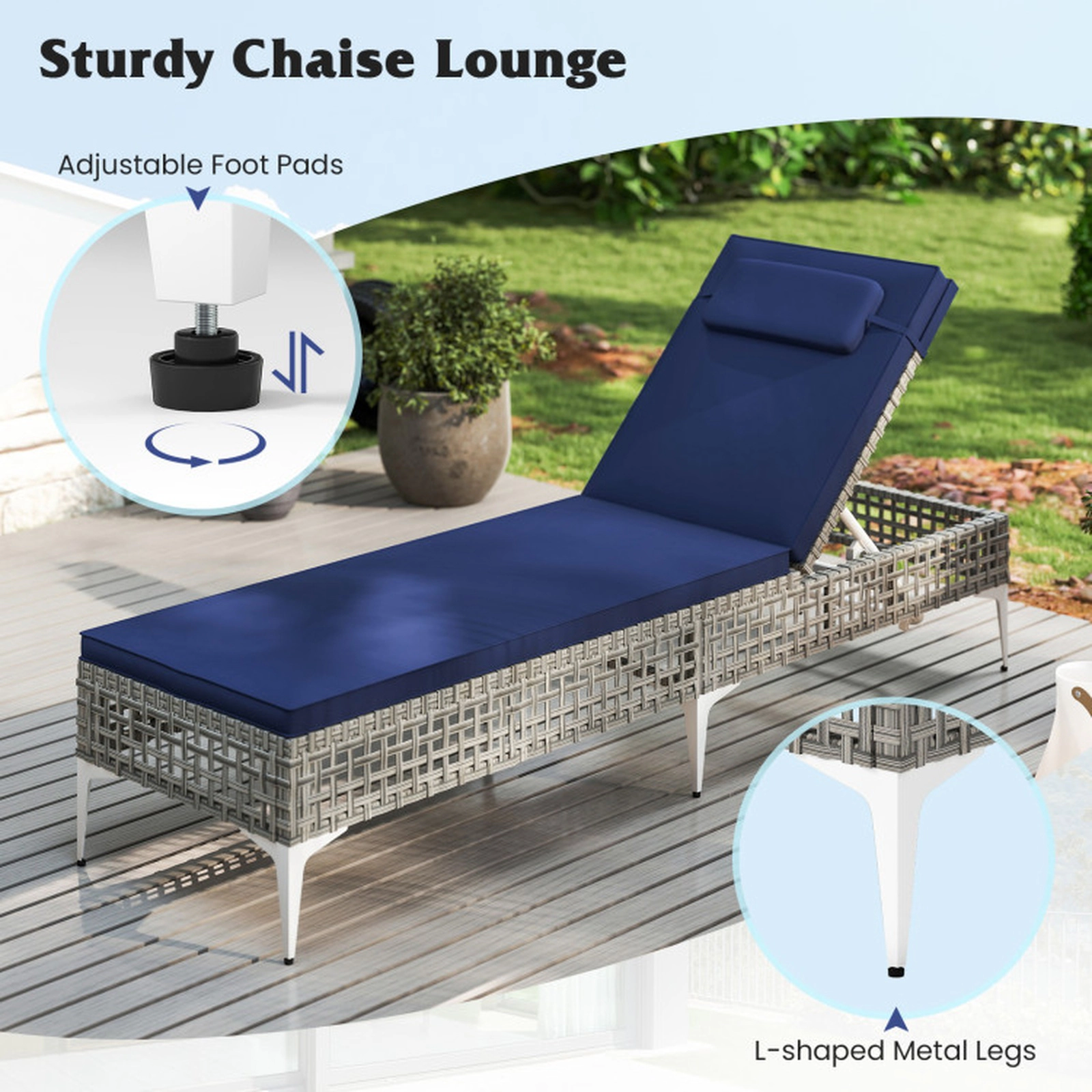 SUGIFT 2-Piece Patio Chaise Lounge Chair Set with 6-Level Adjustable Backrest and Headrest 400-Lb Capacity Navy