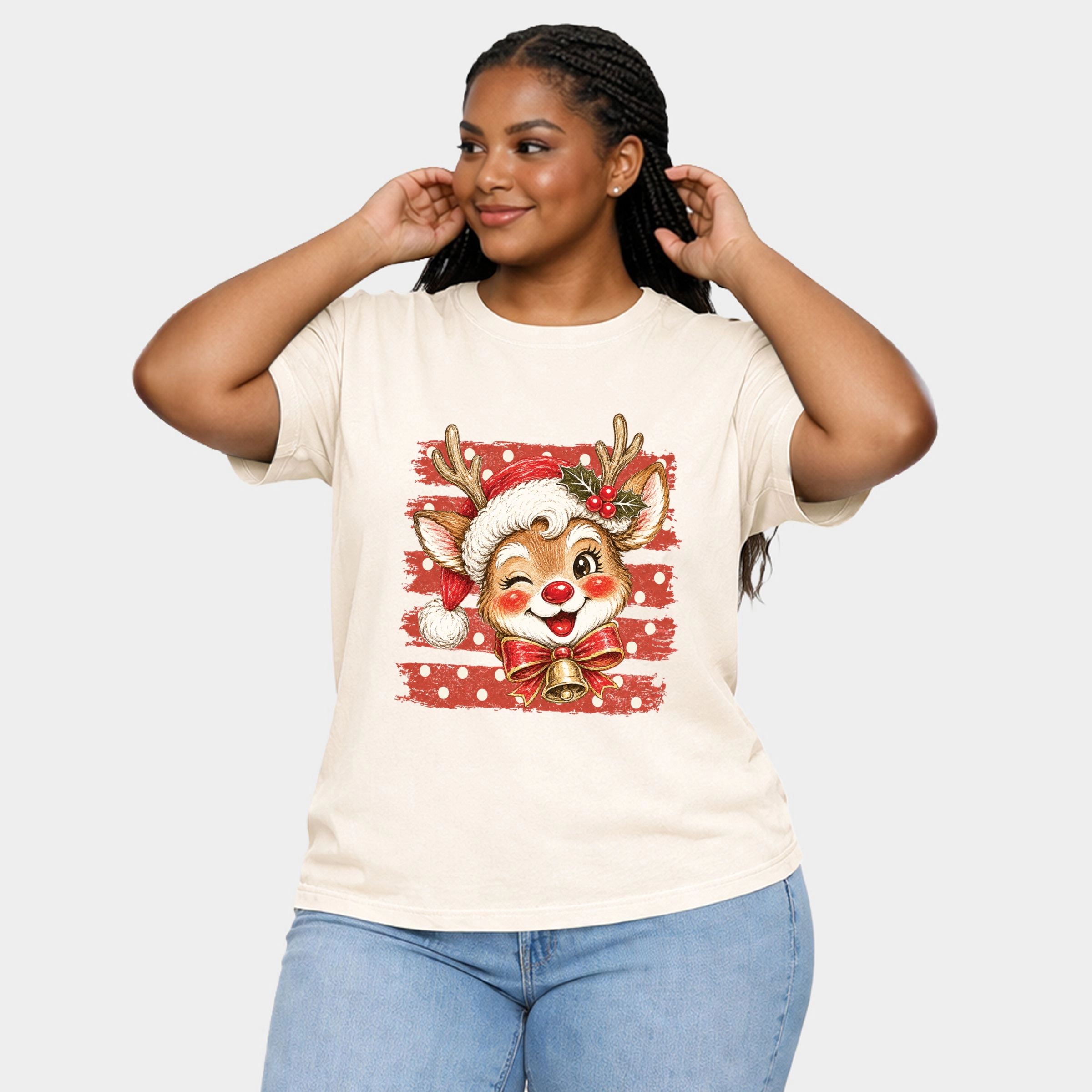 Simply Sage Market - Women's Plus Garment Dyed Tee Reindeer Stripes and Polka Dots