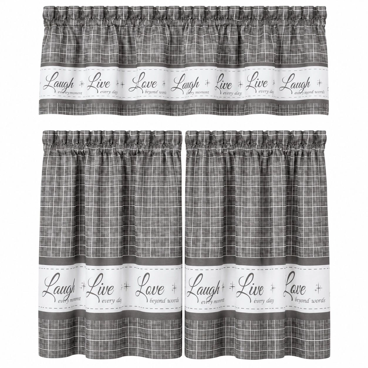 Kate Aurora Country Farmhouse Gingham Plaid Check Live~Laugh~Love 3 Pc Kitchen Curtain Set