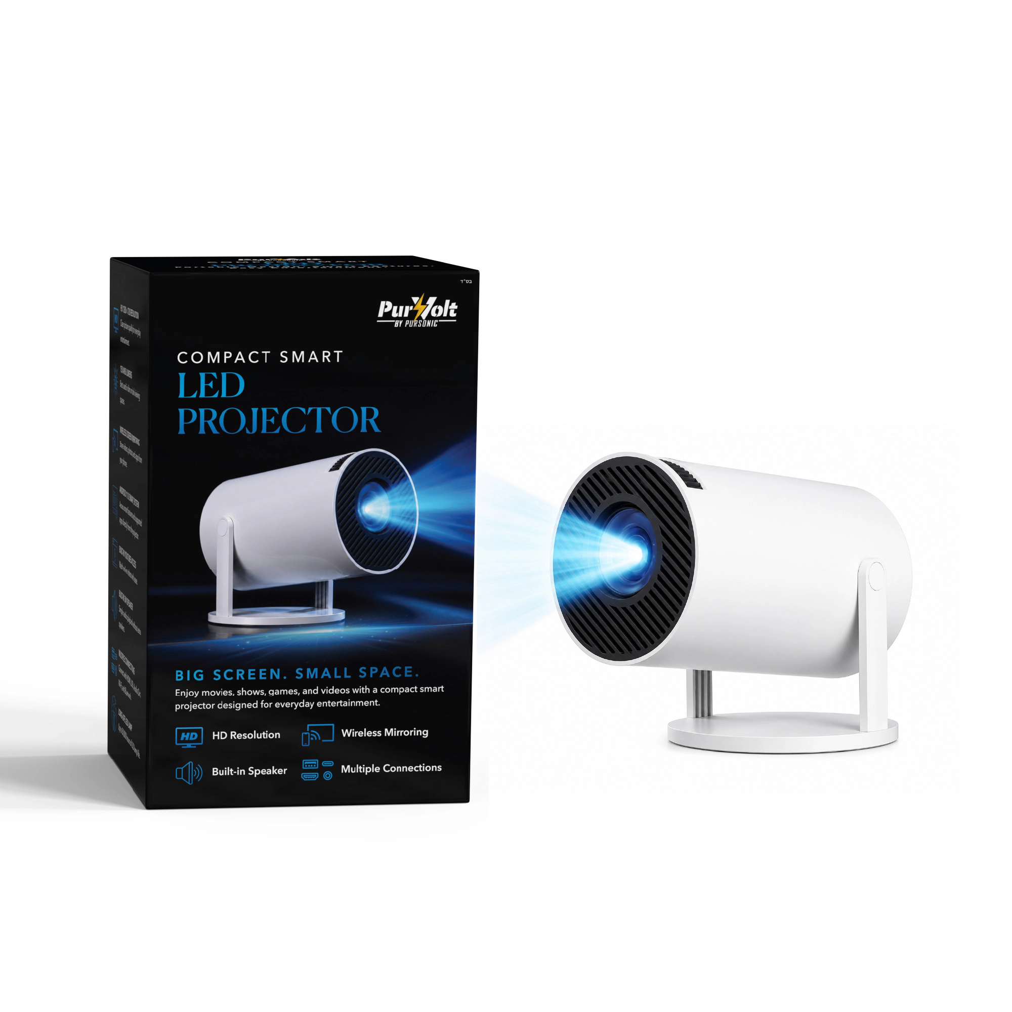 Pursonic Compact Smart LED Projector – HD 720P Portable Projector with Wireless Screen Mirroring