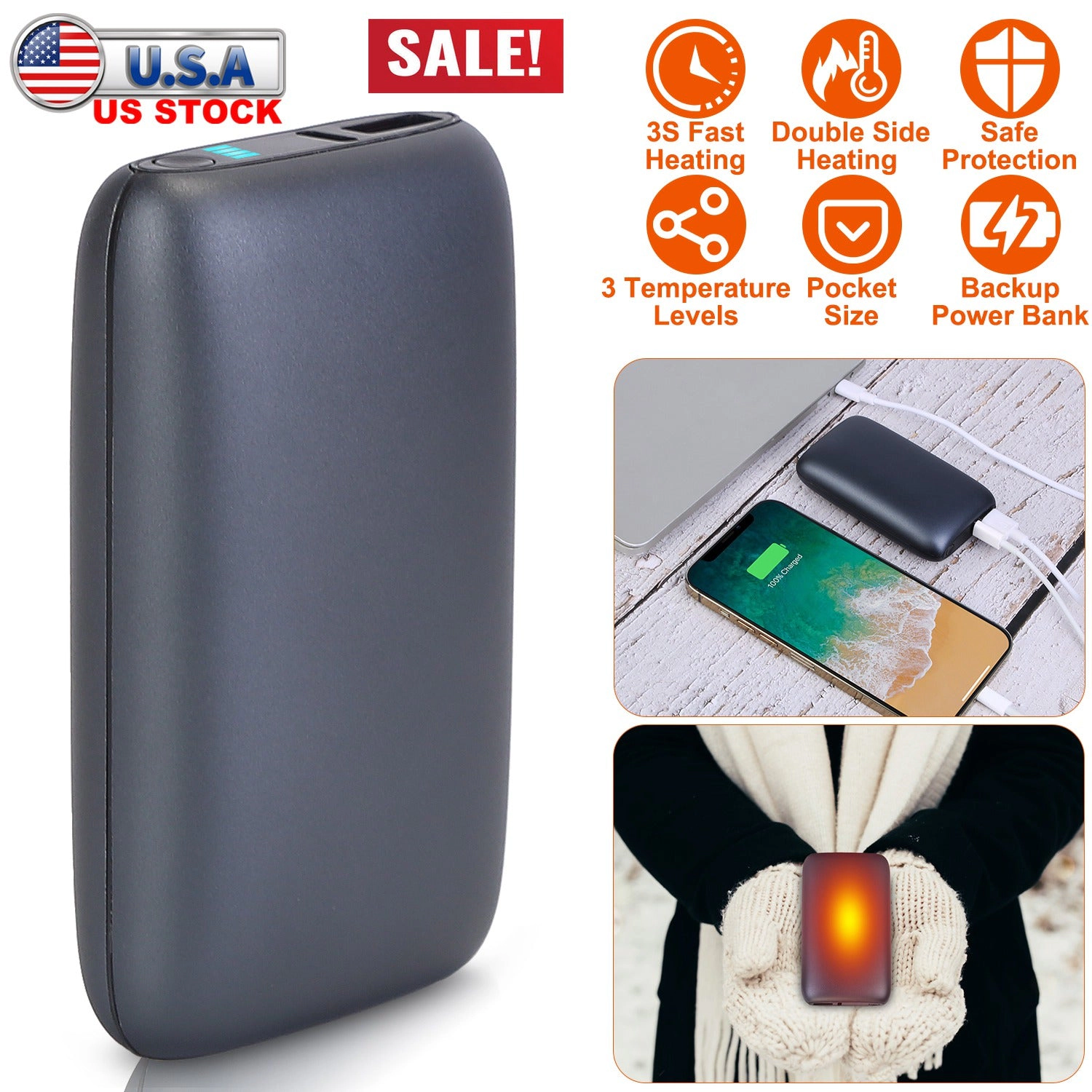GBruno Double-Sided 10000mAh Hand Warmer Power Bank