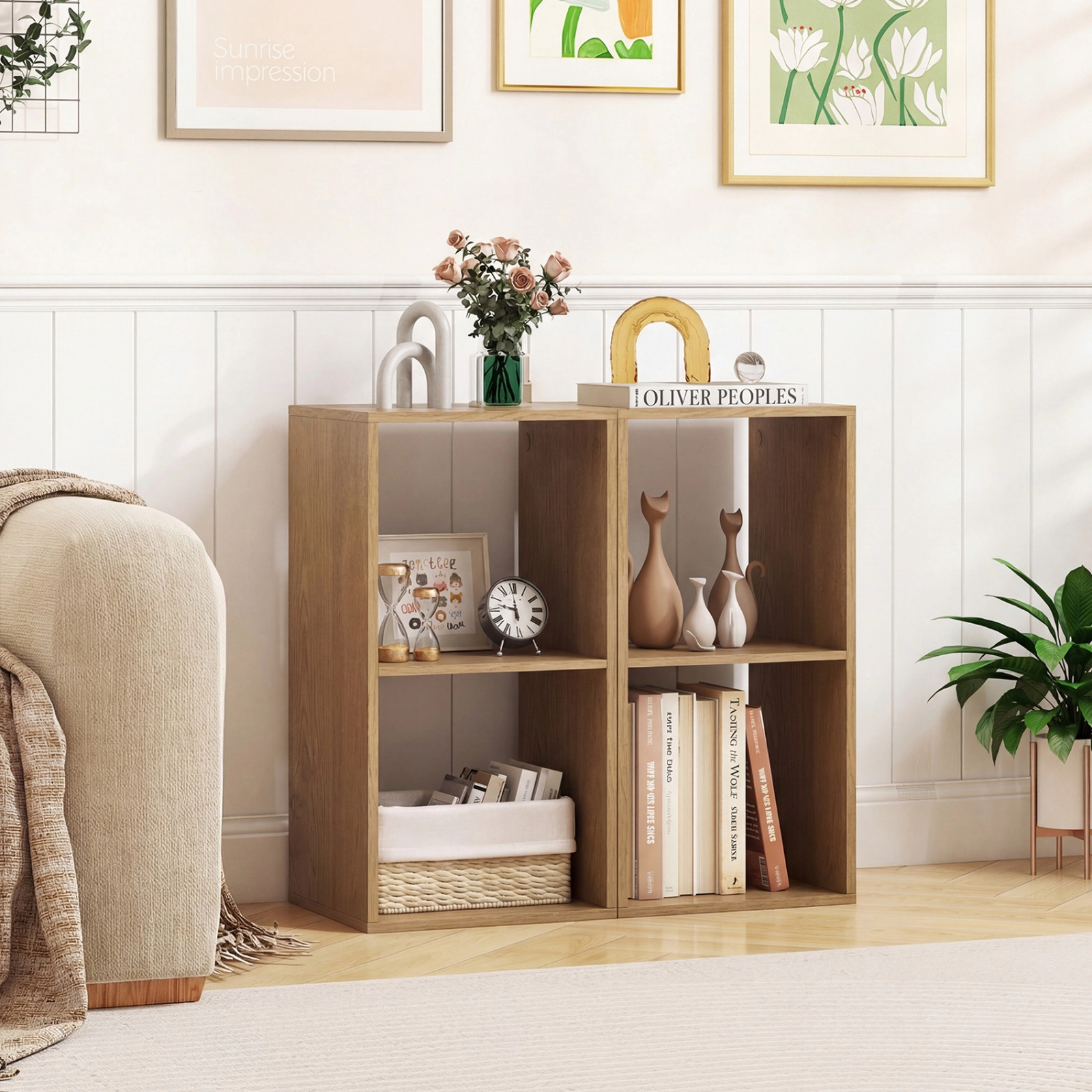 SUGIFT 2-Cube Bookshelf with Back Guardrail 27.5-in Tall 110-lb Capacity Natural