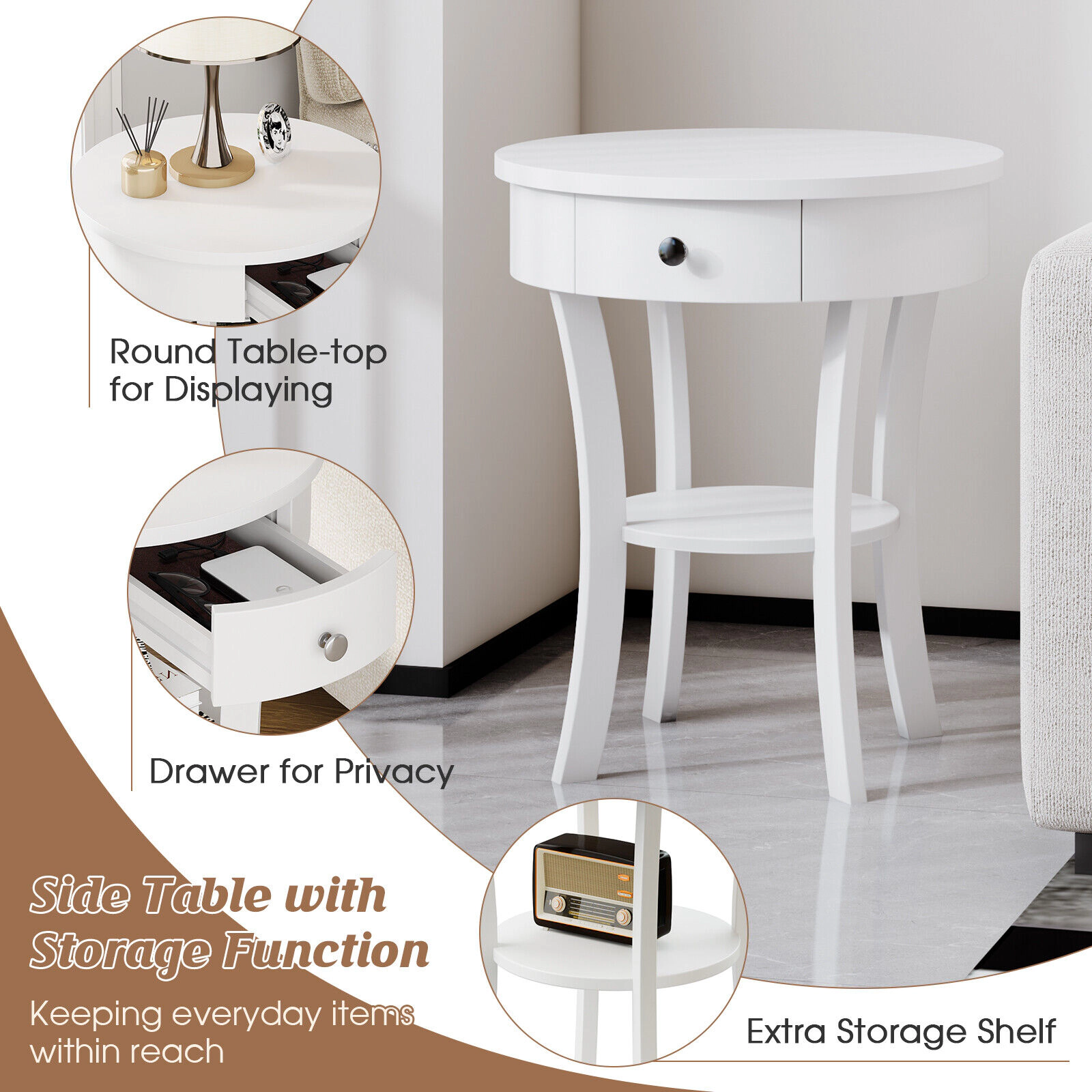 Glintex Round 2-Tier End Table with Open Drawer and Rubber Wood Legs