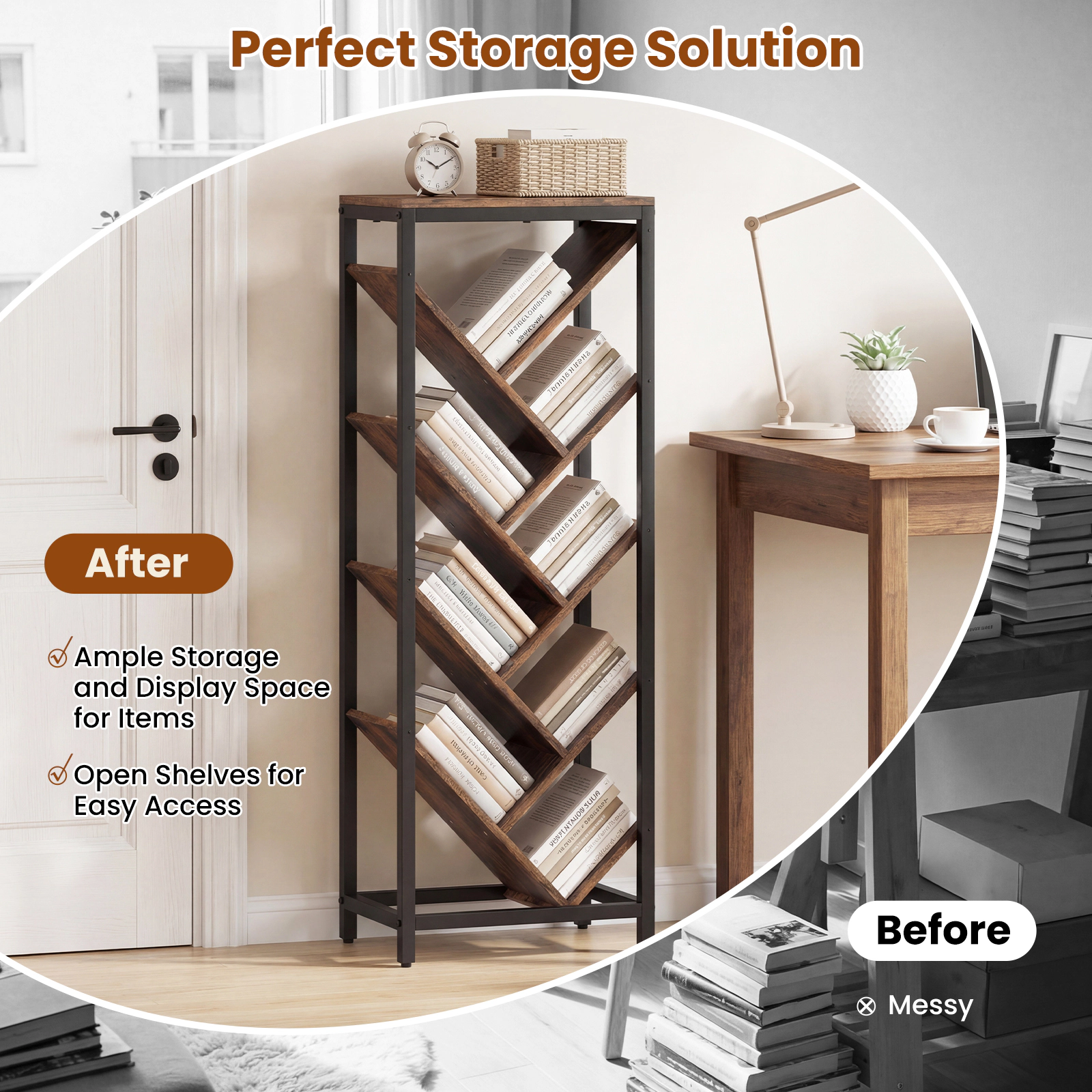 Costway Tree Bookshelf 9-Tier Freestanding Bookcase Corner Narrow Display Shelf for Home White & Gold