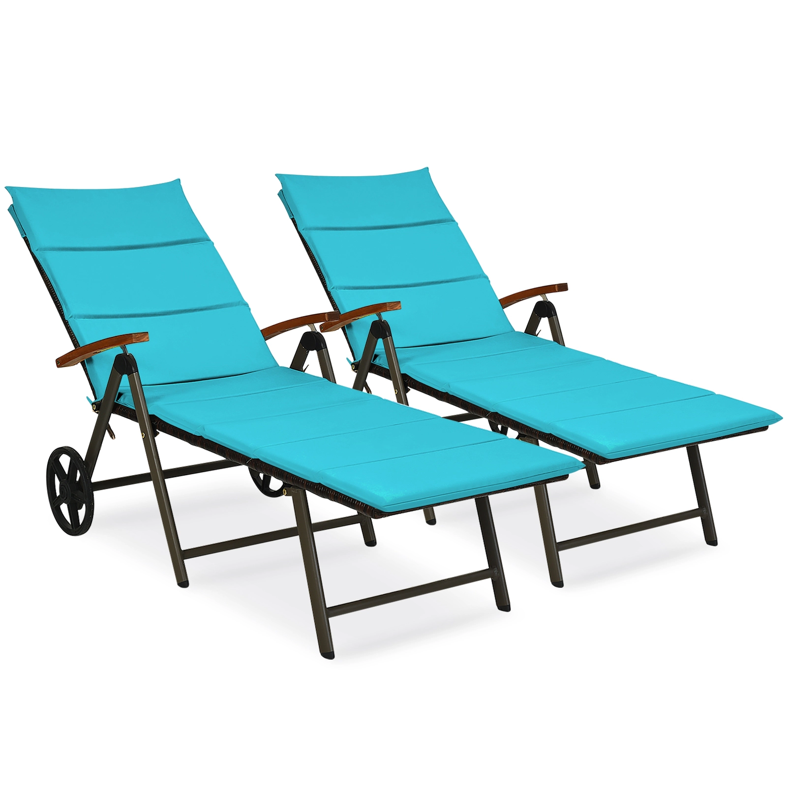 SUGIFT Adjustable Folding PE Rattan Outdoor Chaise Lounge Recliner Chair Cushion 385-lb Capacity 73-in Frame Turquoise
