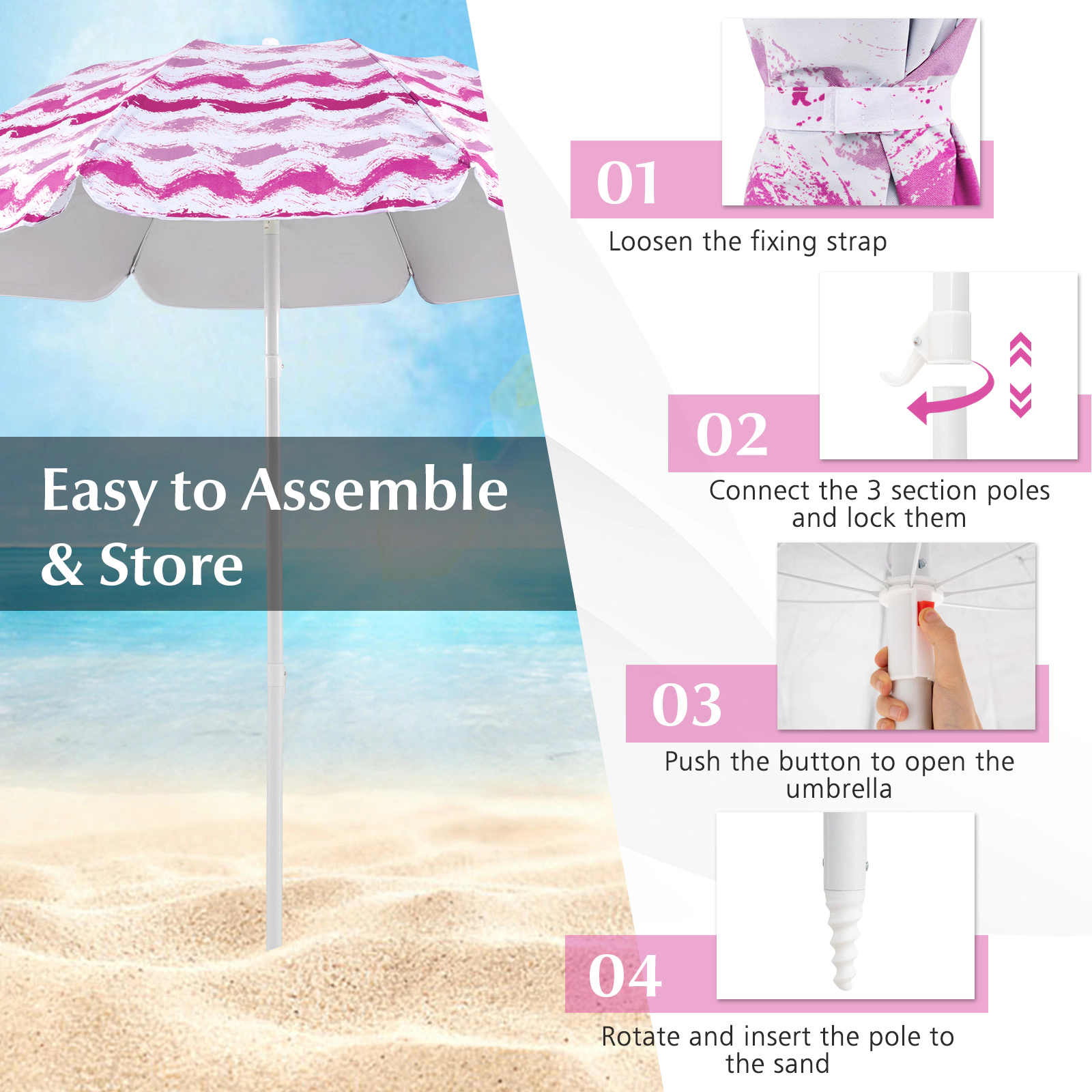SUGIFT Pink 4-Piece Beach Set with 6.2-ft UPF 50+ Umbrella, 2 Folding Chairs and Picnic Blanket