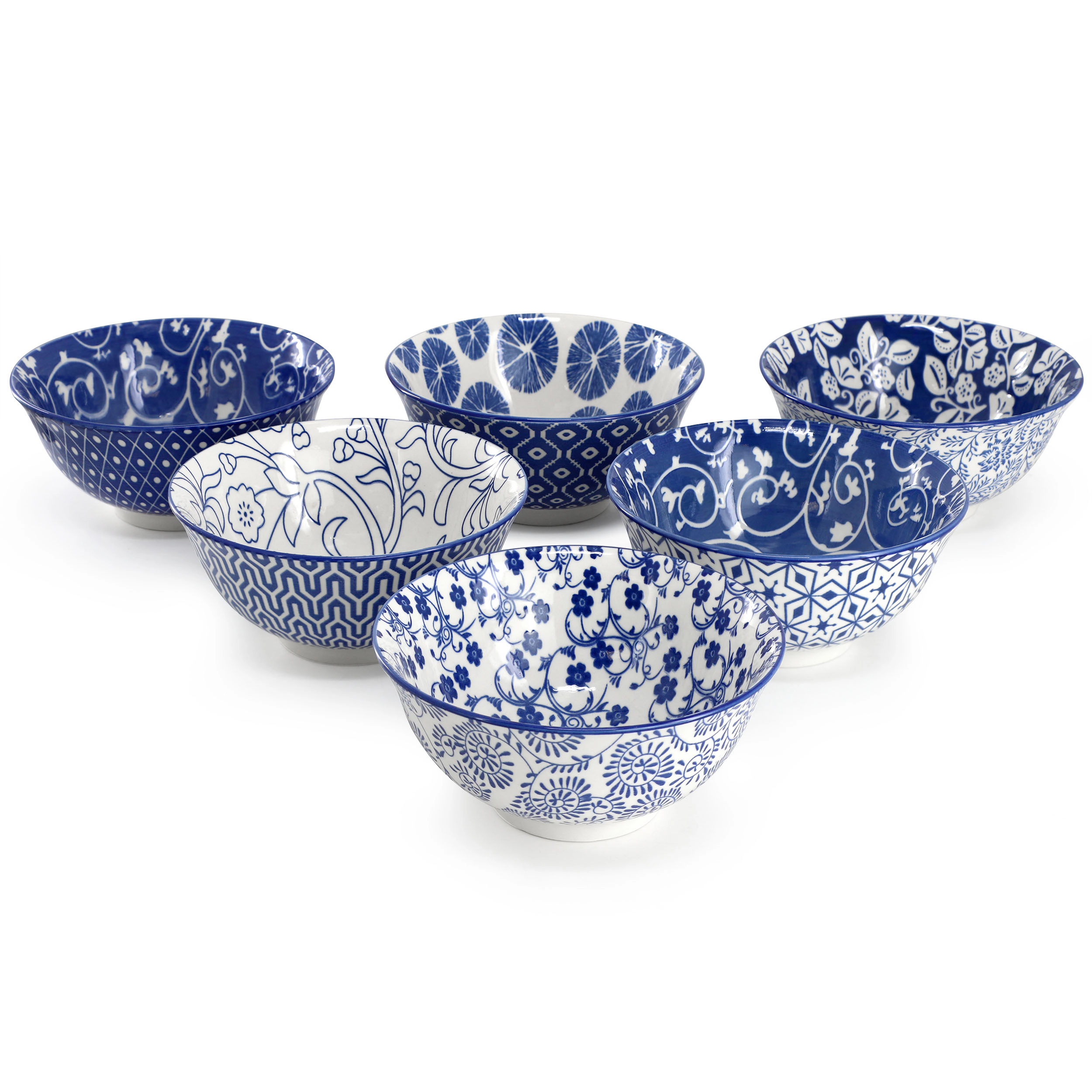 Elama Moxy 6 Piece Assorted Design 20oz Porcelain Footed Bowl Set in Blue