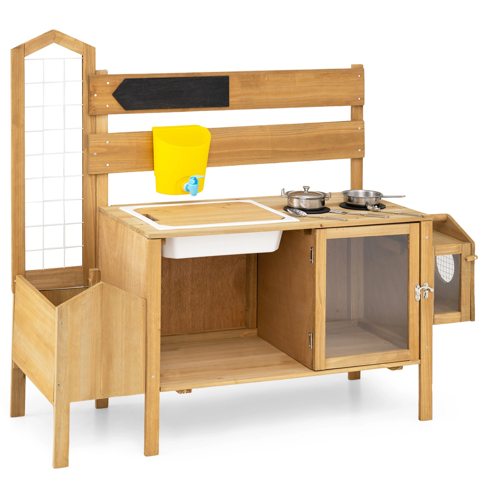 SUGIFT Fir Wood Mud Kitchen for Kids with Detachable Bird Cage, Stoves and Planter Box Ages 3+ Natural