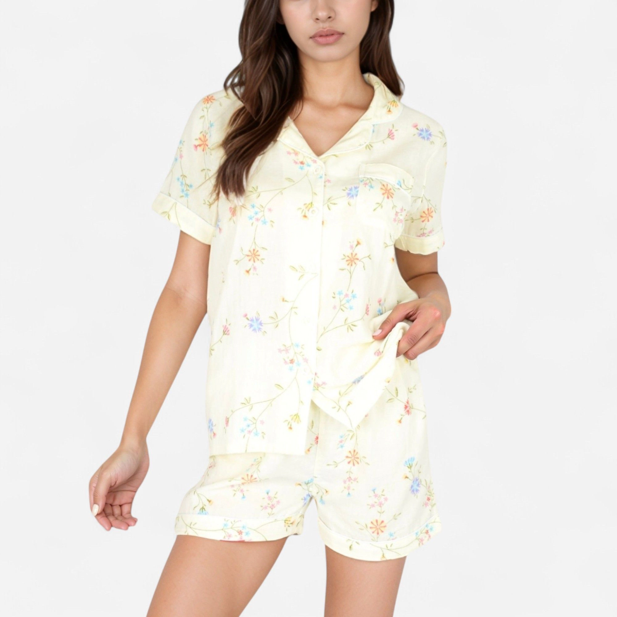 Anna-Kaci Women's Floral Short Sleeve Button Up Pajama Shirt and Lounge Shorts Set with Rolled Cuffs