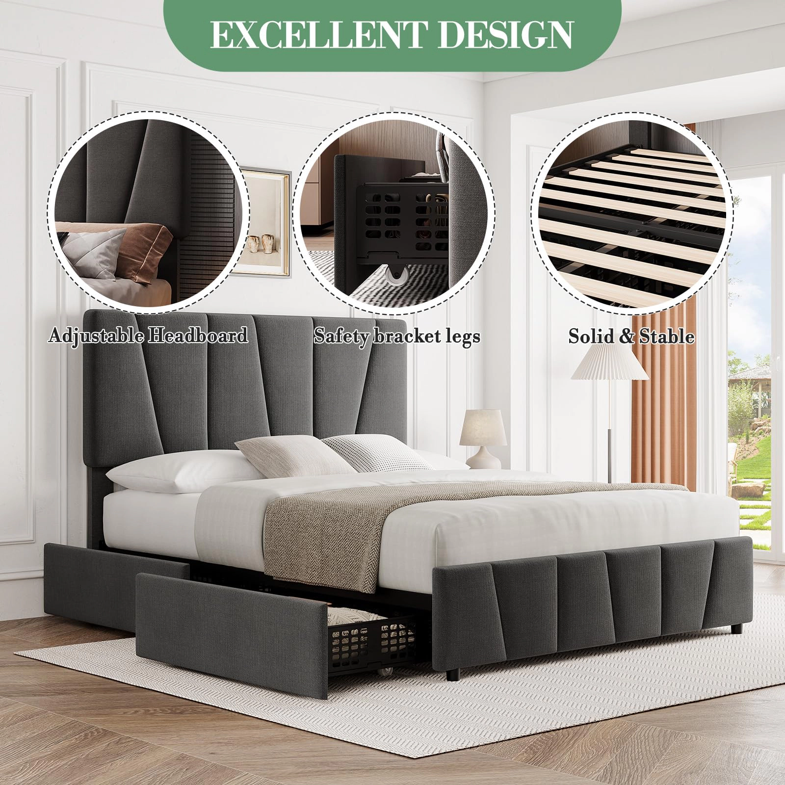 BebreezChic Upholstered Full Platform Bed Frame with 4 Drawers
