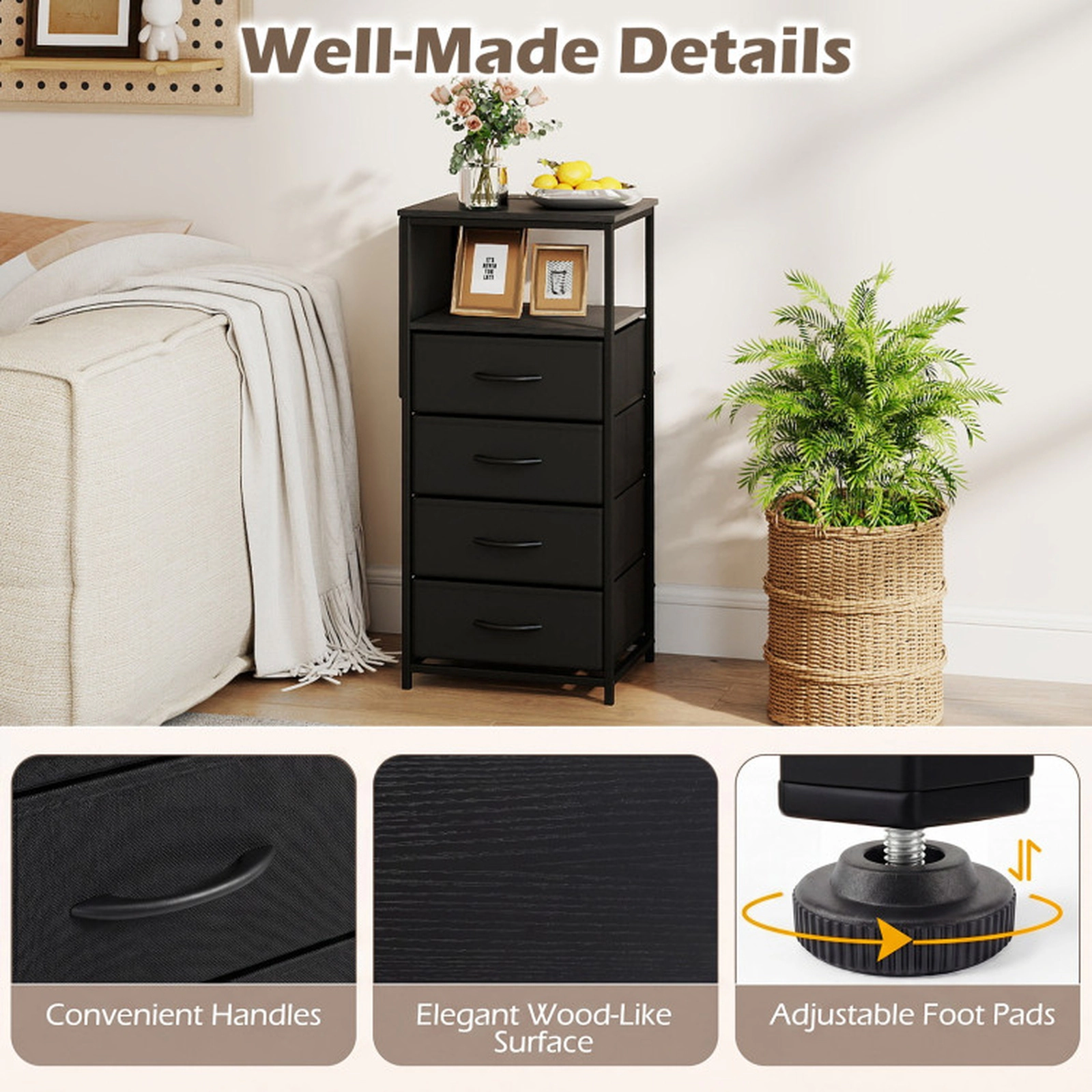 SUGIFT Charging Station 4 Fabric Drawers and Side Pocket 34 Inch Tall Nightstand