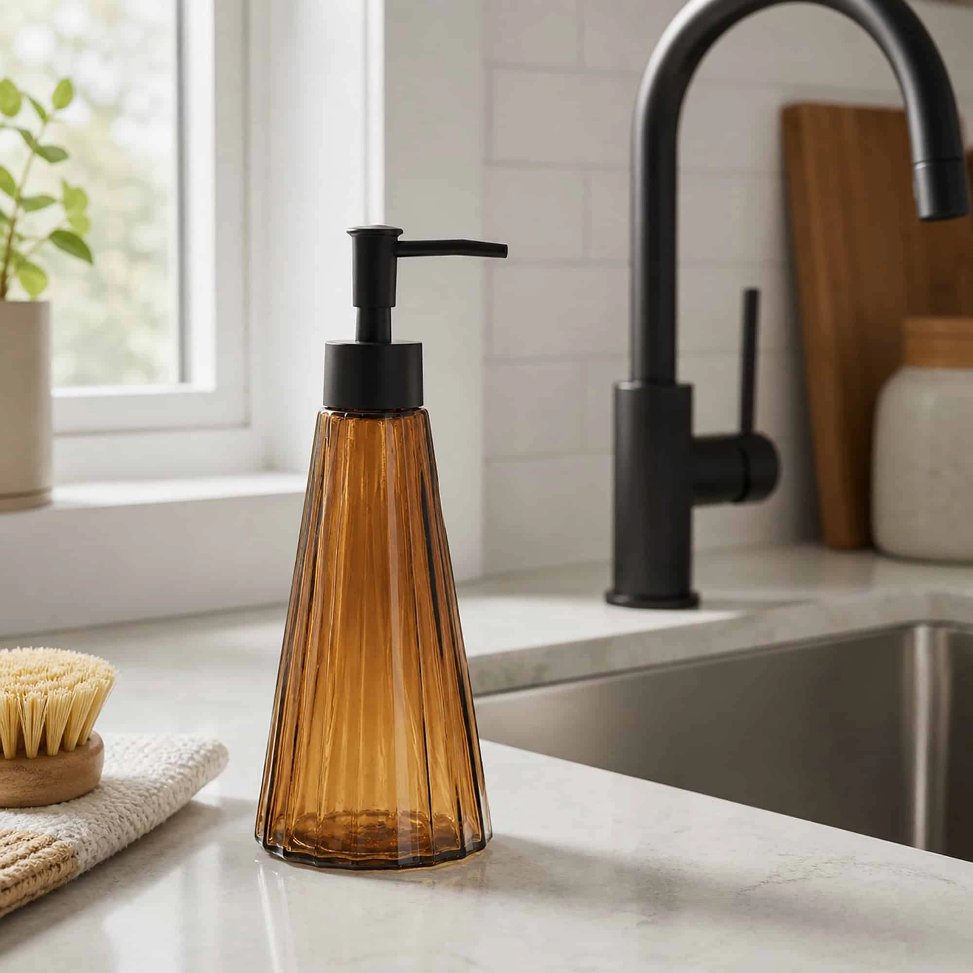Evideco Faceted Glass Soap Dispenser with Matte Black Pump, 10 oz.