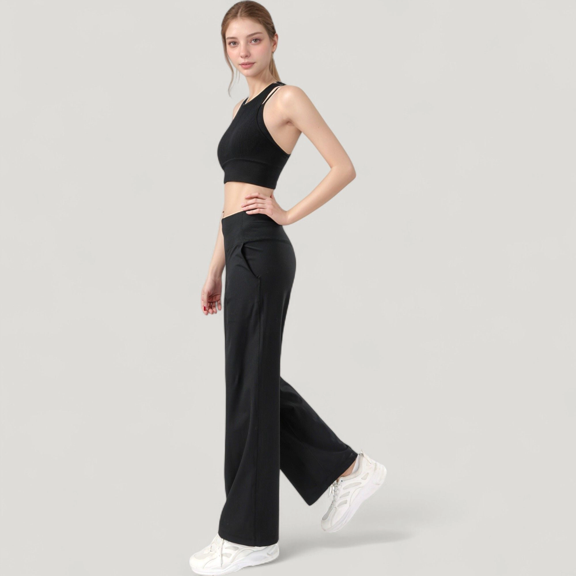 Anna-Kaci Women's Ribbed High Neck Crop Top with Double Strap Detail