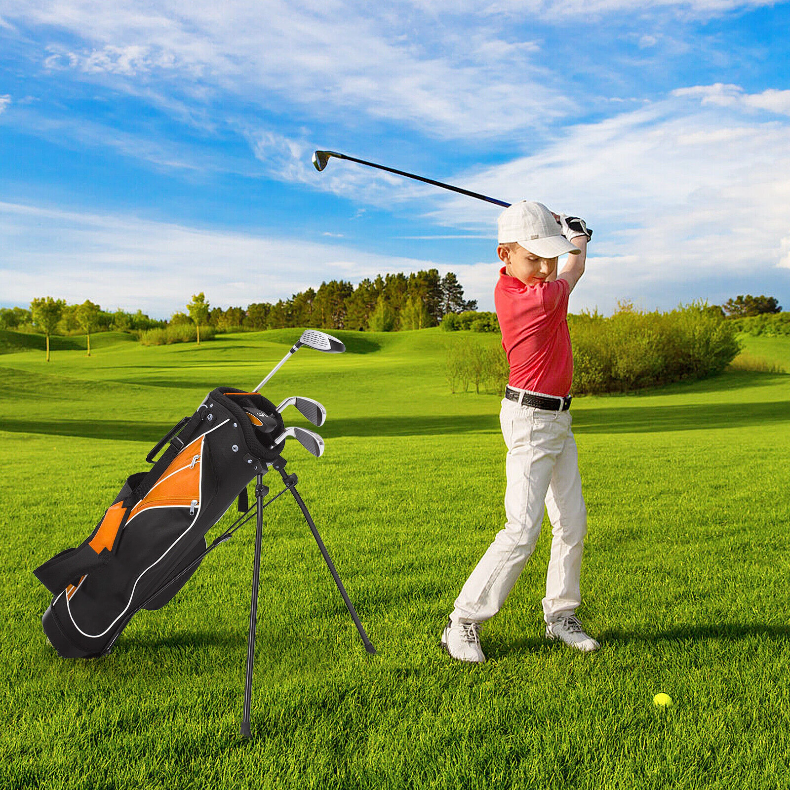 SUGIFT Junior 5-Piece Fiberglass and Steel Golf Club Set with Stand Bag Ages 8-10 6-lb Blue/Yellow