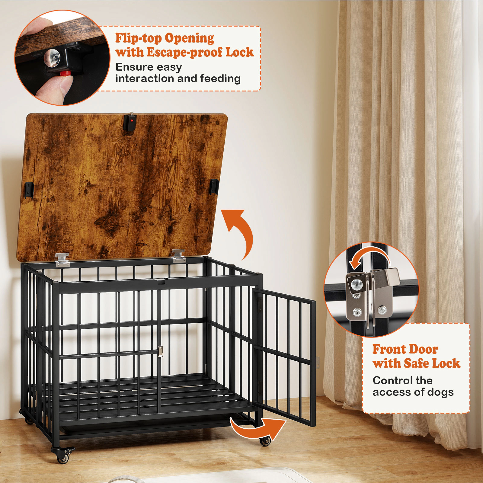 SUGIFT 38 in Foldable Dog Crate Furniture Rustic Brown with Removable Tray and Lockable Door