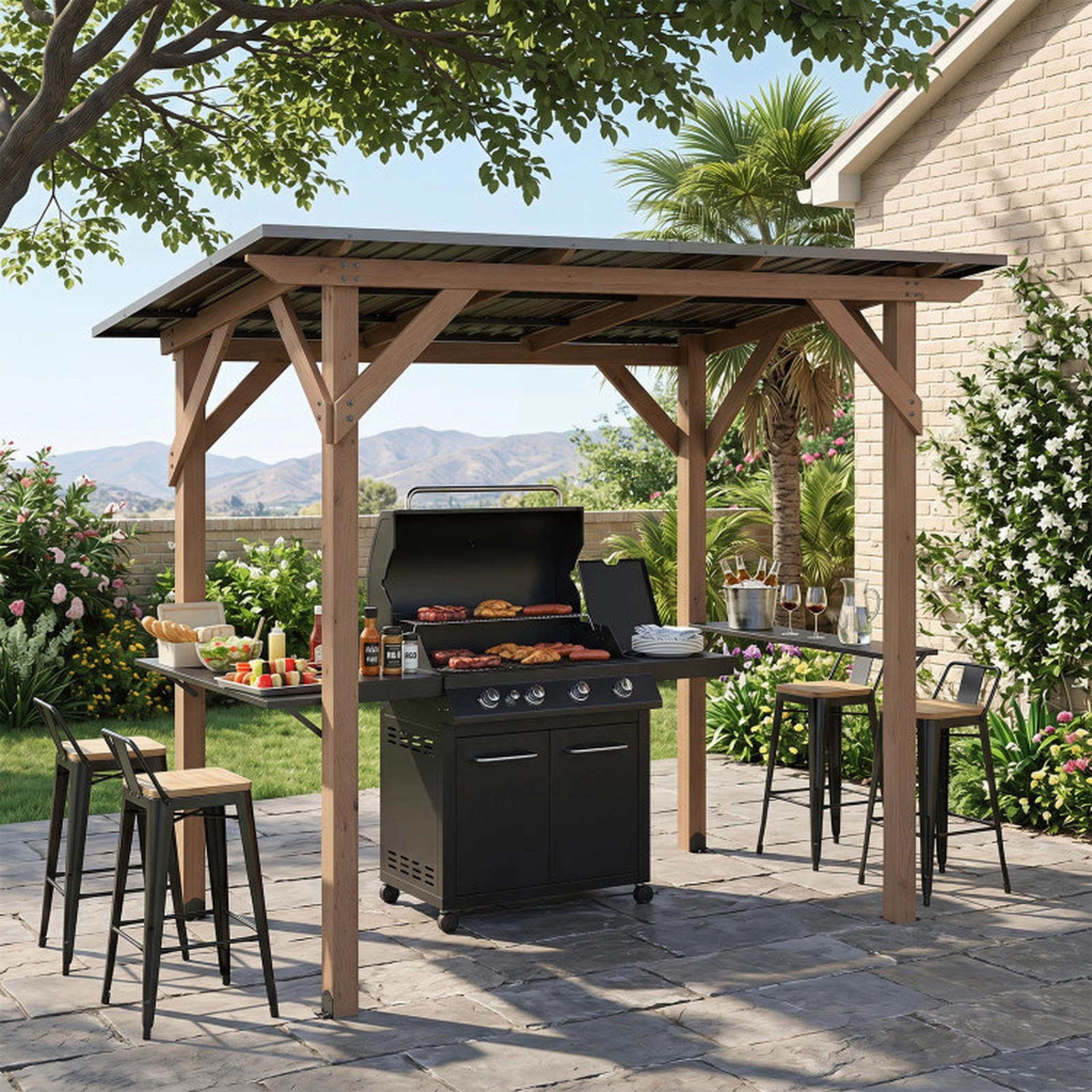 SUGIFT Brown 2 Side Serving Shelves 8.6 x 5 ft Cedar Wood Grill Gazebo BBQ Shelter