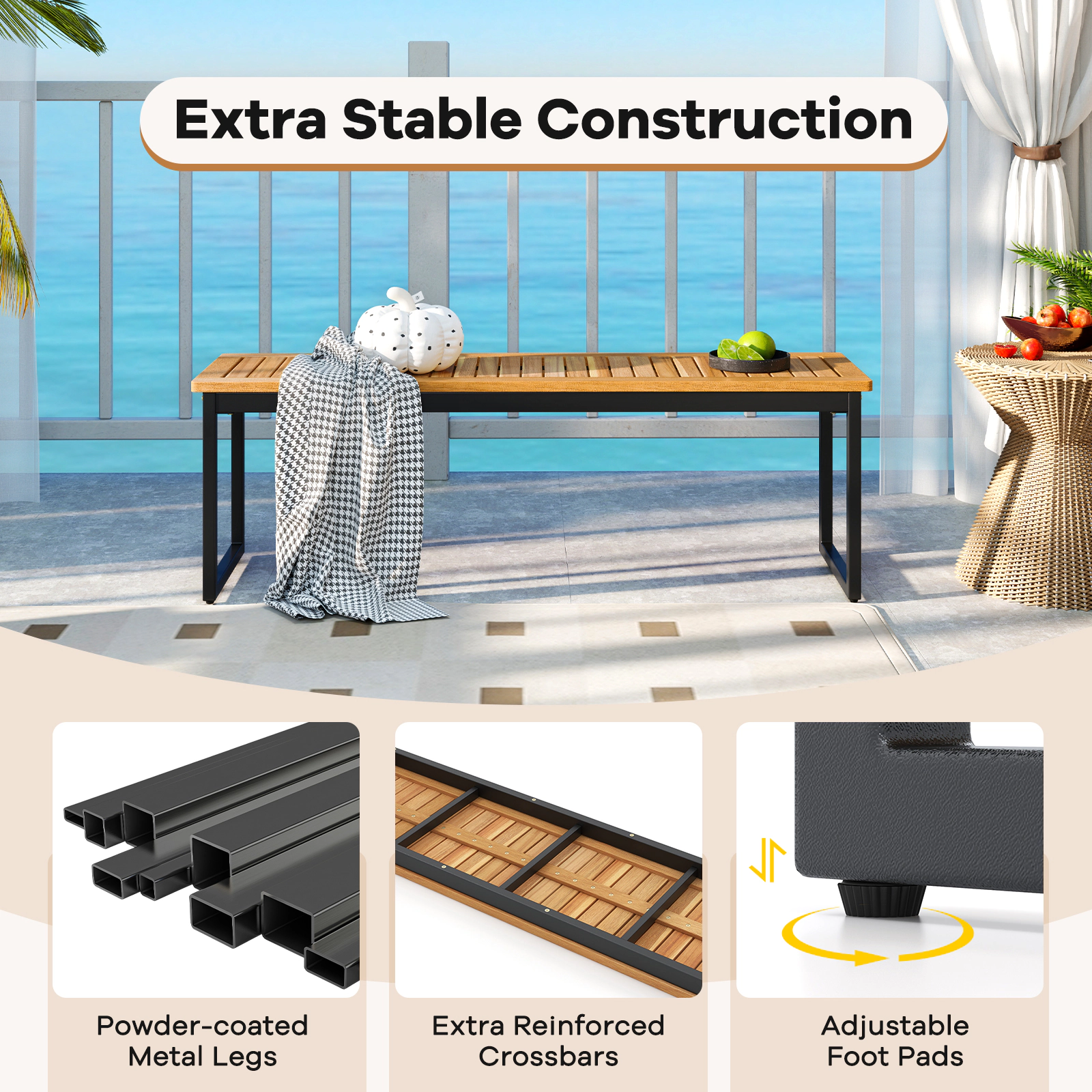 SUGIFT Set of 2 Acacia Wood Patio Dining Benches 51-in Long 800-lb Capacity Indoor Outdoor Natural + Black