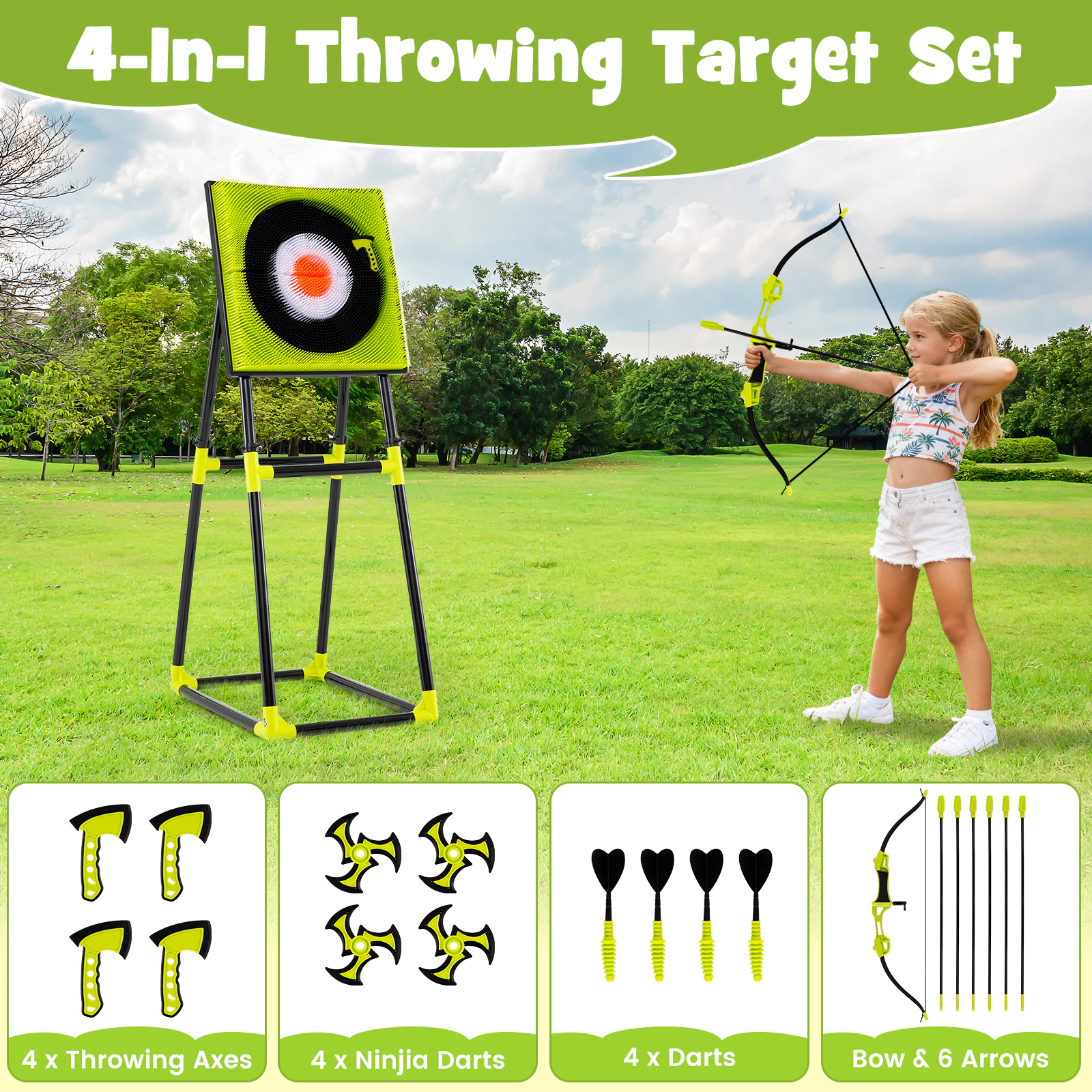 SUGIFT Green 4-in-1 Kids Throwing Game Set with Bristle Target Bow and Ninja Darts 27.5-in W 19.5-in D 55-in H