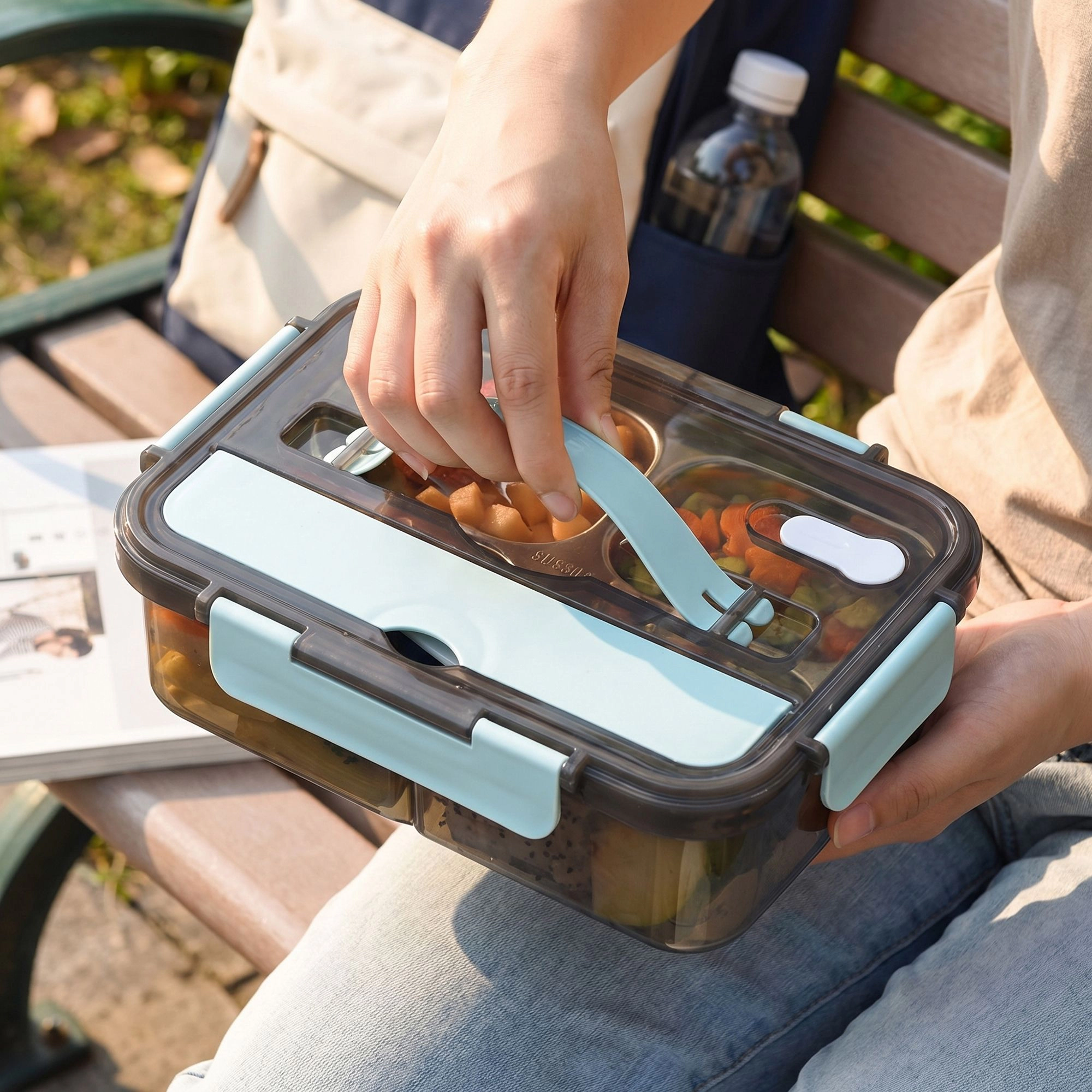 Alilang Unisex Bento Lunch Box Leakproof Food Container with Compartments Utensil Storage and Secure Lock Lid 9.4x6.9x2.