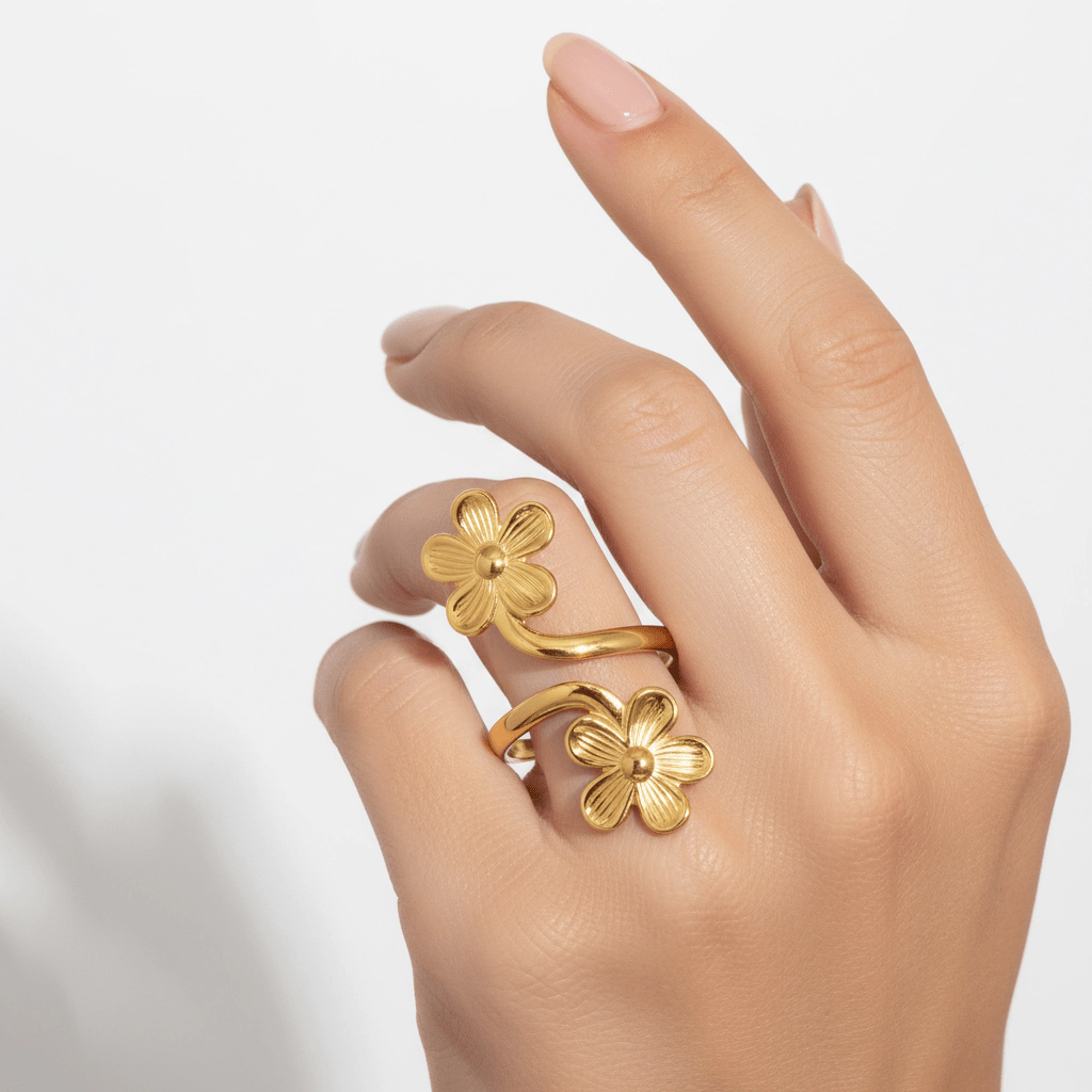 DressAtR Women's Flower 18K Gold Plated Adjustable Ring
