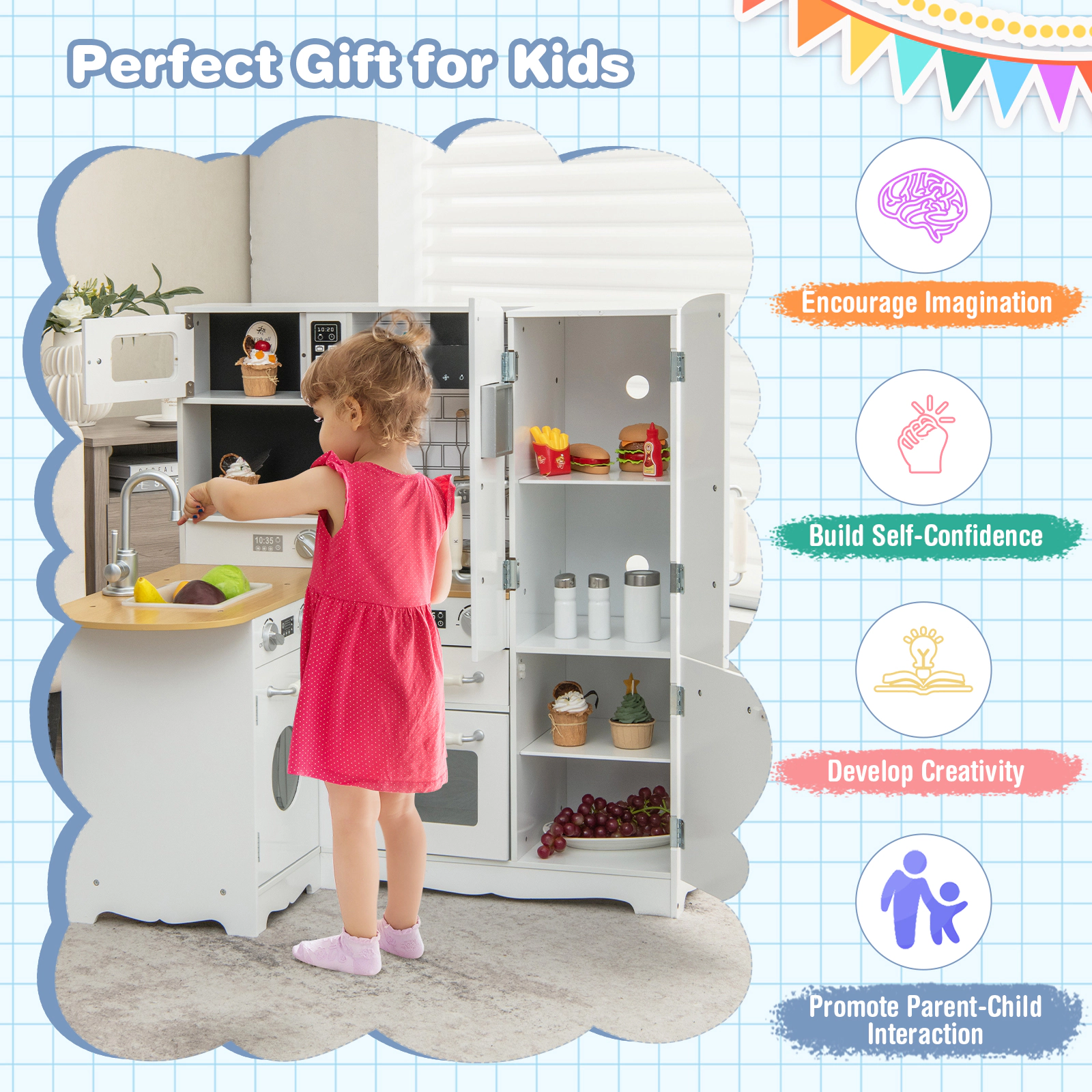 SUGIFT White Washing Machine Refrigerator and Telephone Kids Corner Wooden Play Kitchen