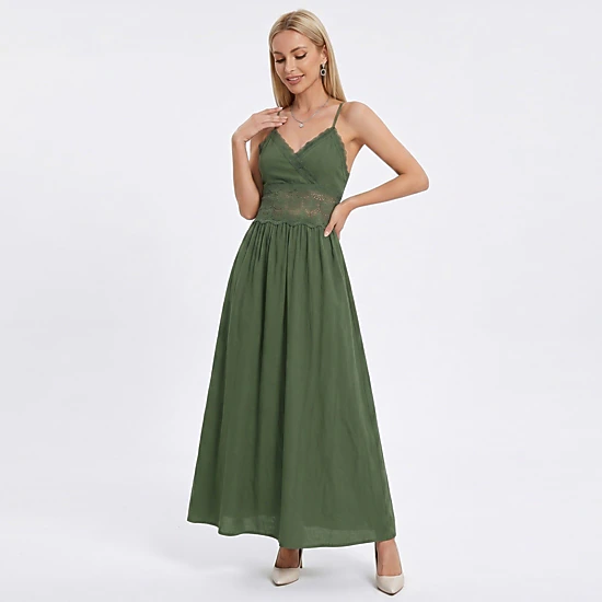 Anna-Kaci Women's Lace Waist Spaghetti Straps Surplice V-Neck Bodice Maxi Dress