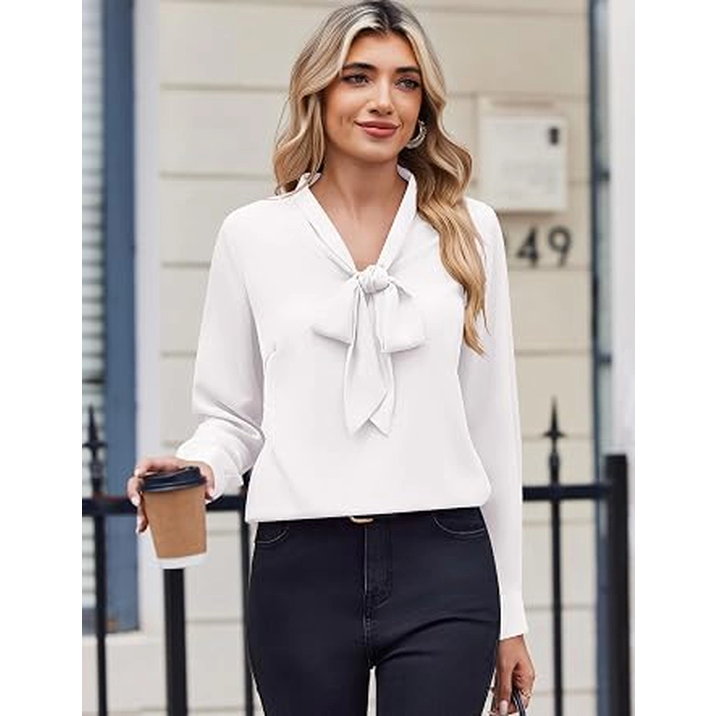Zeagoo White Blouse for Women Long Sleeve Work Casual Chiffon Tops Bow Tie Ladies Business Shirts