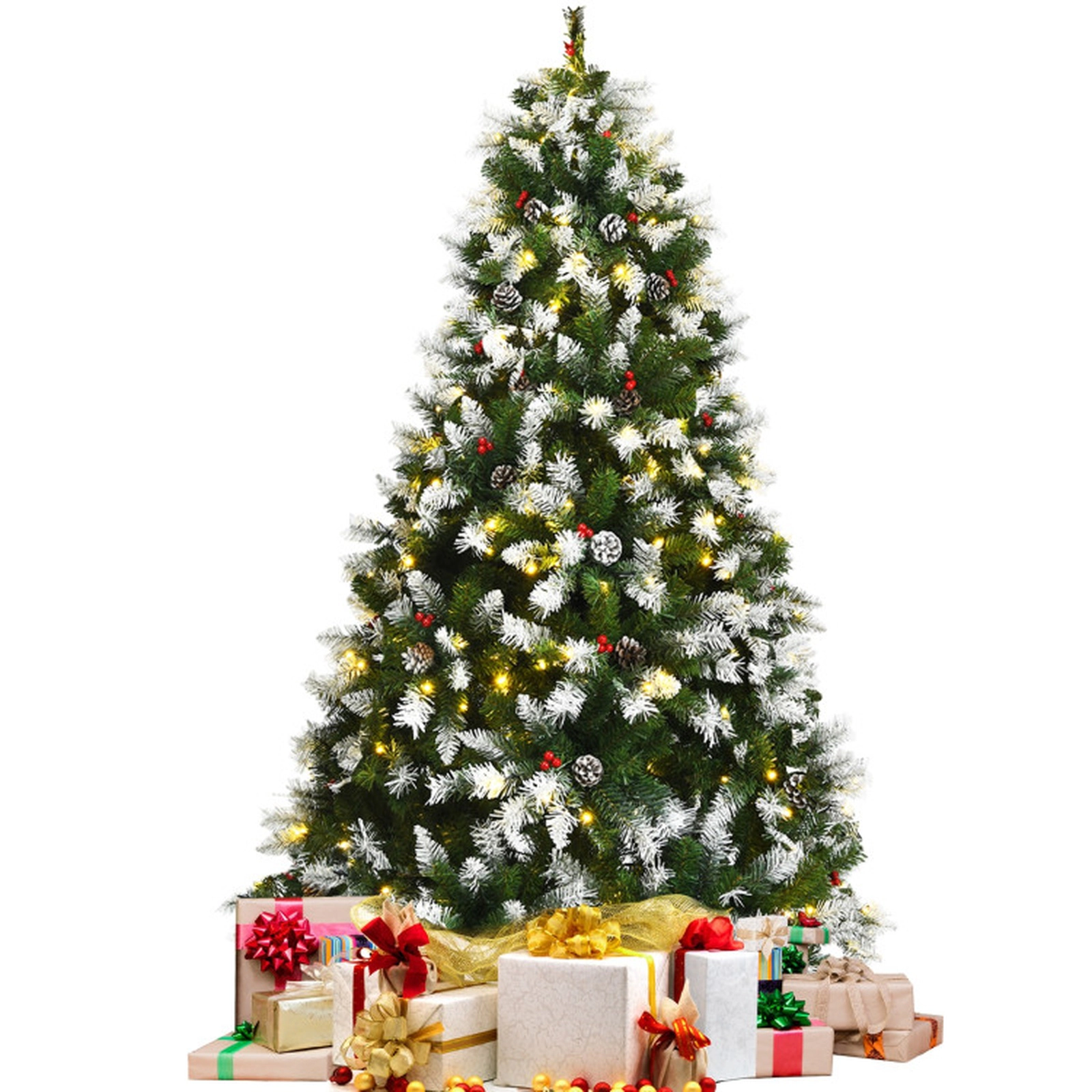 SUGIFT Snow Pre-lit Christmas Tree with Red Berries and Warm White LED Lights 6-ft PVC Metal Hinged Sections Green