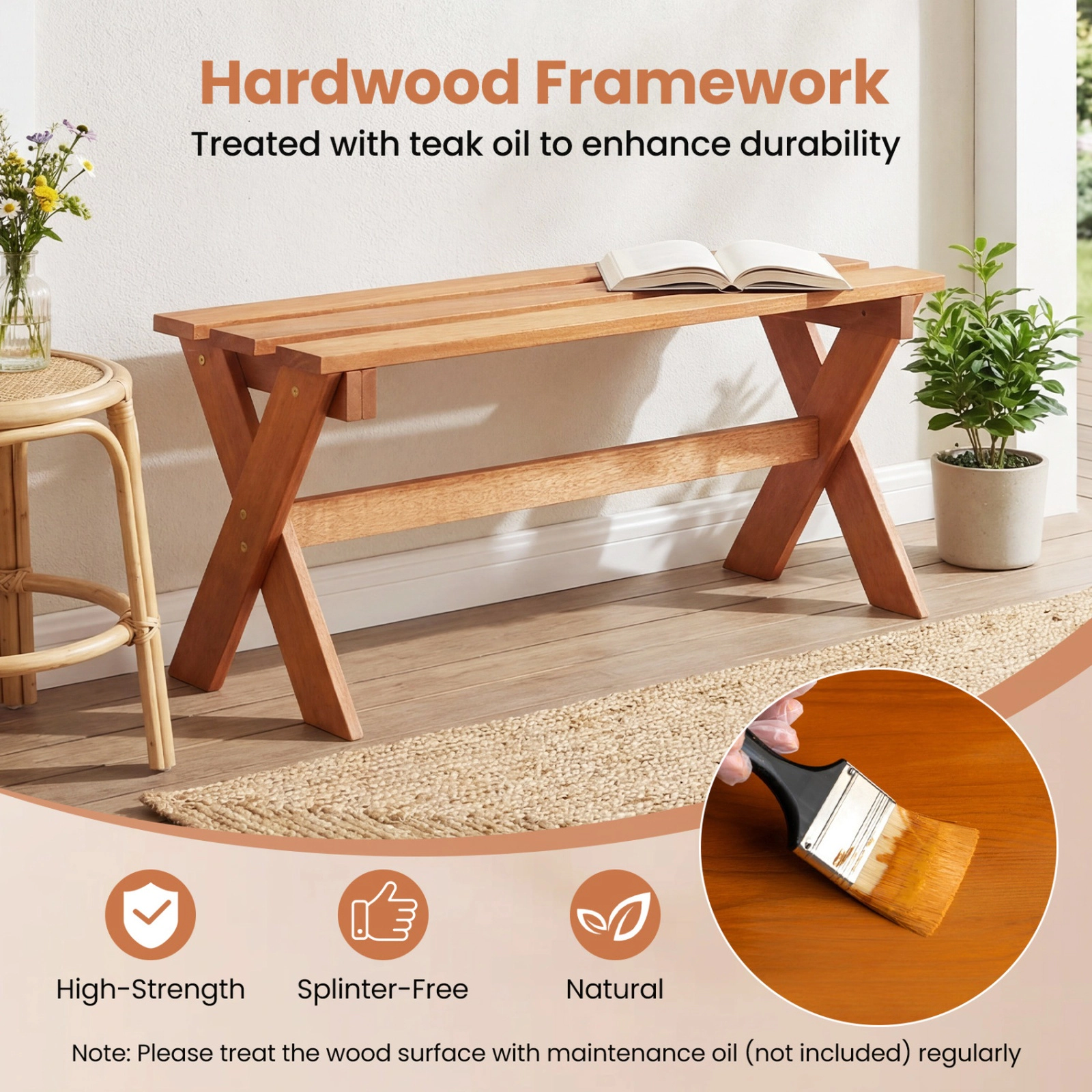 SUGIFT 36-in Outdoor Solid Hardwood Backless Patio Dining Bench 660-lb Capacity Set of 1 Teak Finish
