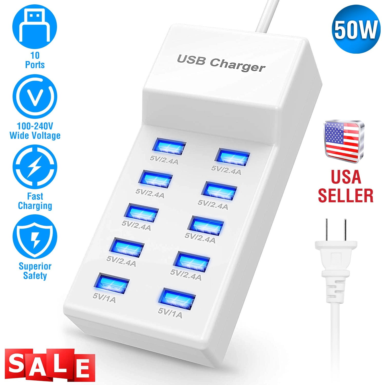 GBruno 10-Port 50W Fast Charging Station Hub