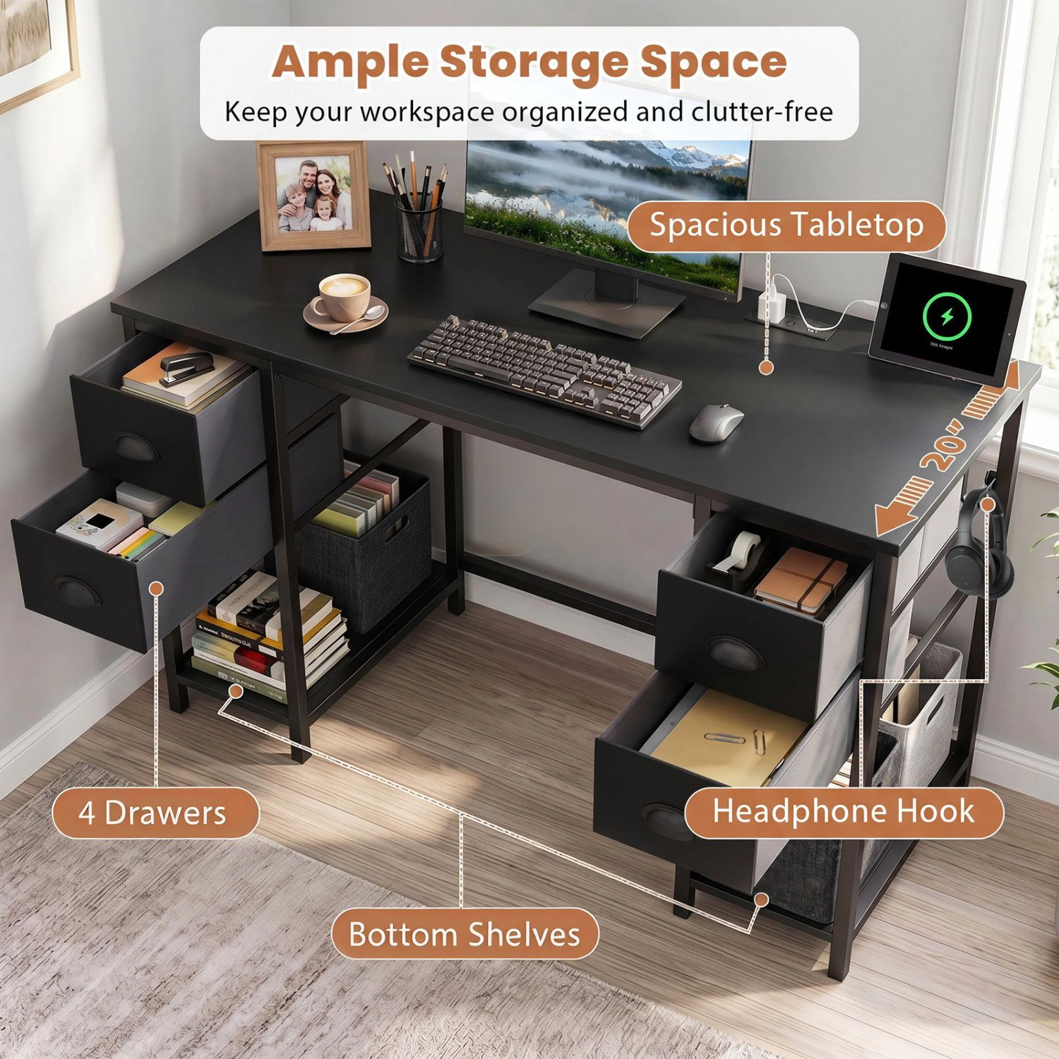 SlickBlue 48 Inch Computer Desk with Power Outlet and Drawers