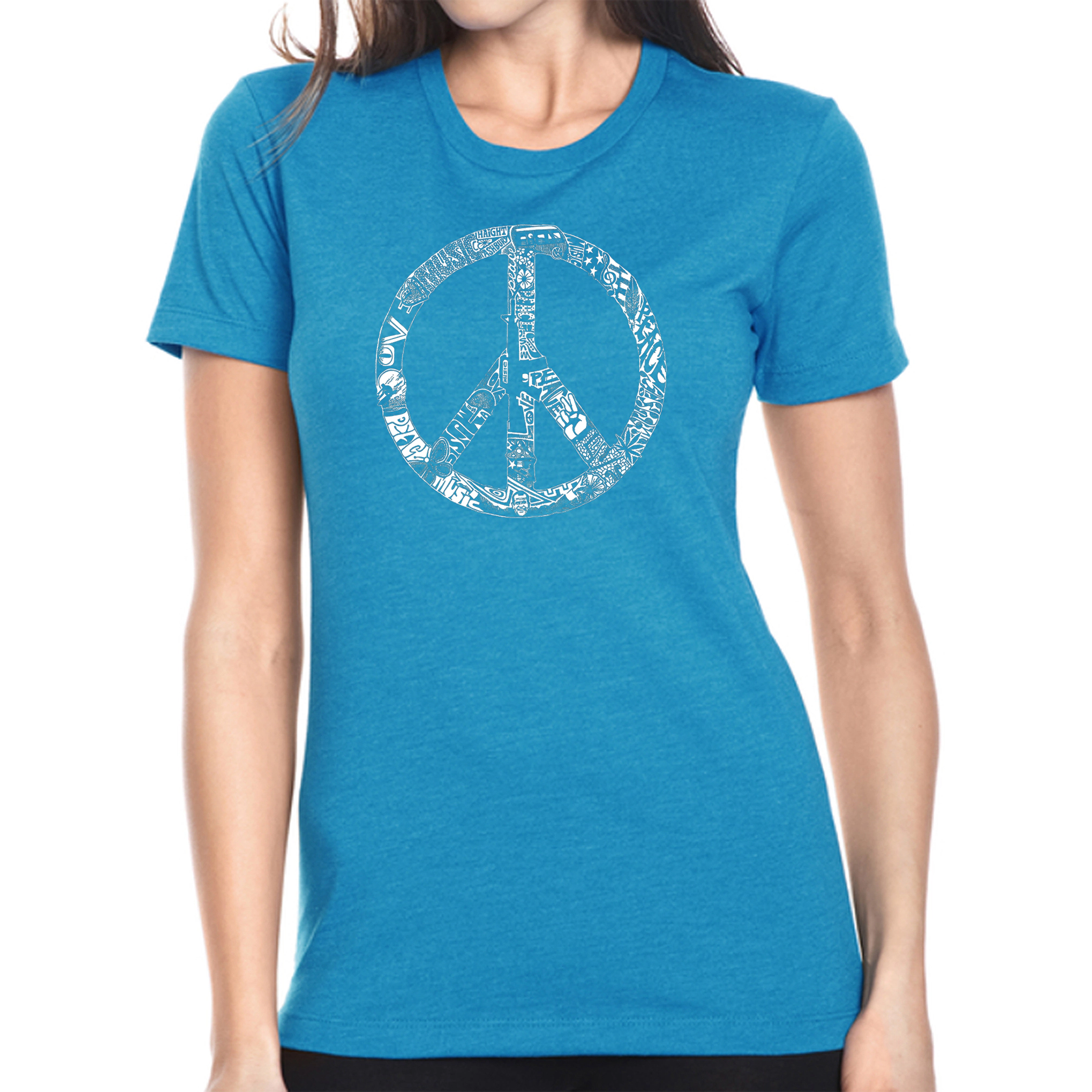 LA Pop Art Women's Cotton/Poly Blend Word TShirt - Peace, Love, & Music