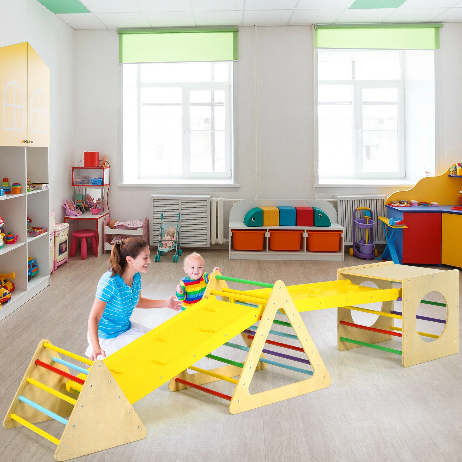 LJG 5 in 1 Kids Triangle Climber Play Gym Set with 2 Ramps