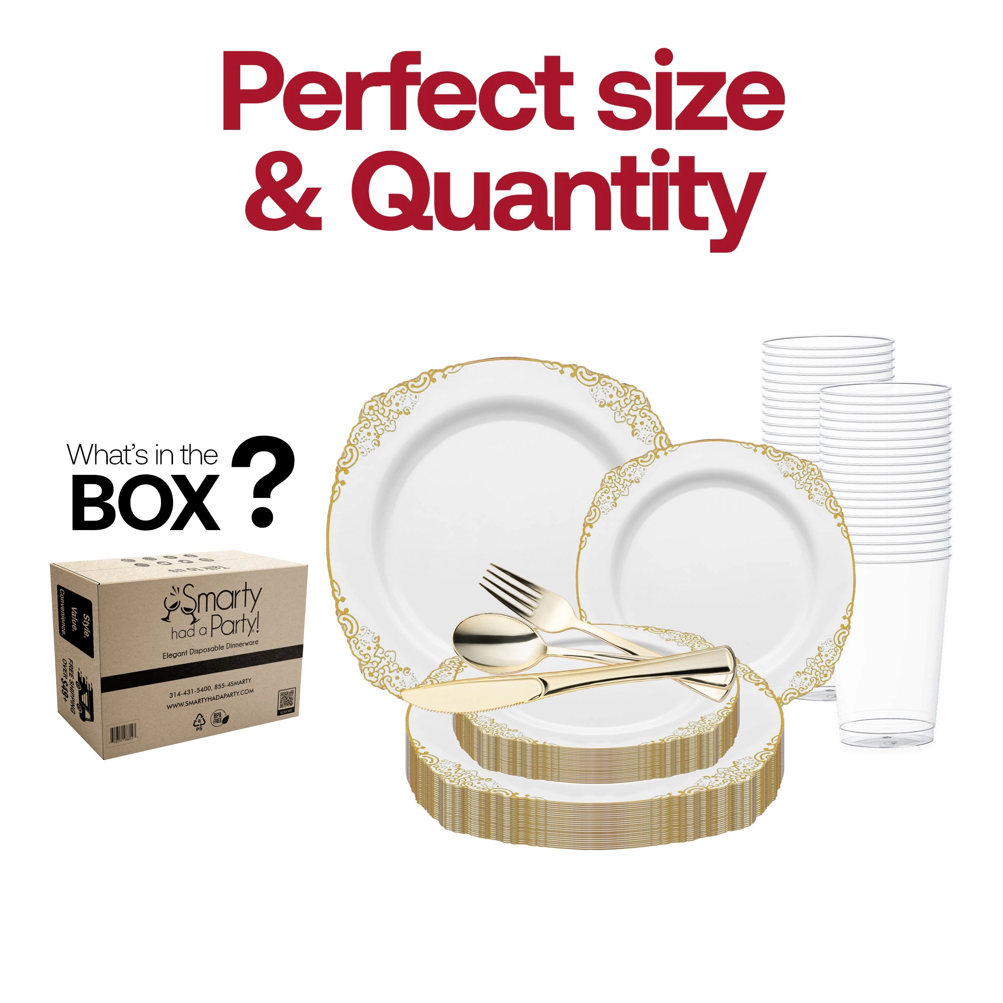 Smarty Had A Party White with Gold Fancy Round Disposable Plastic Wedding Value Set