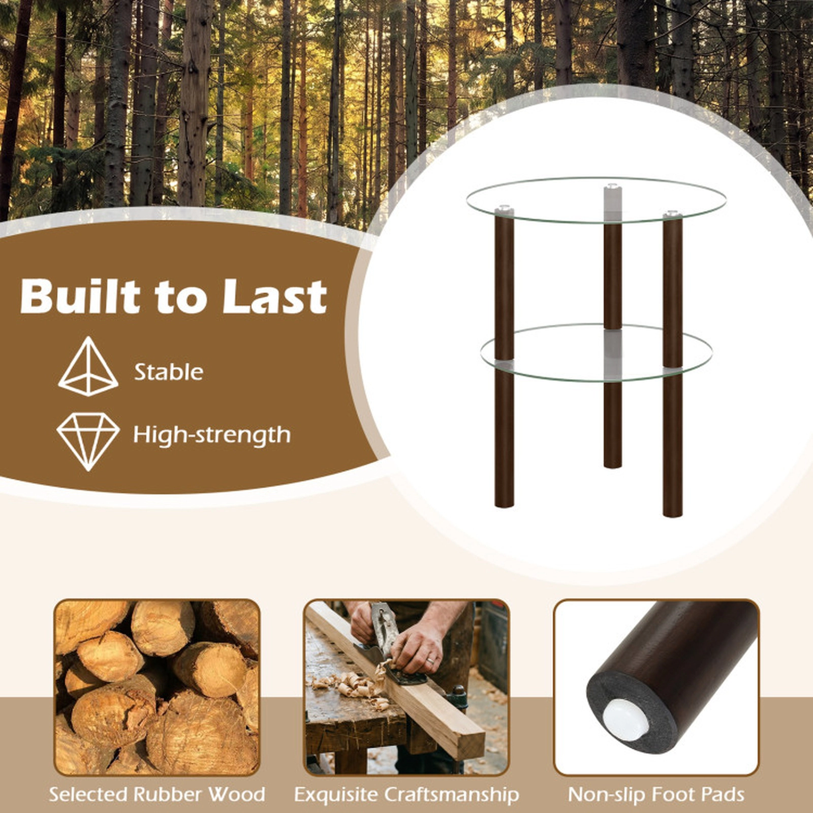 SUGIFT 2-Tier Round End Table with Clear Tempered Glass Top and Shelf 110-lb Capacity Brown