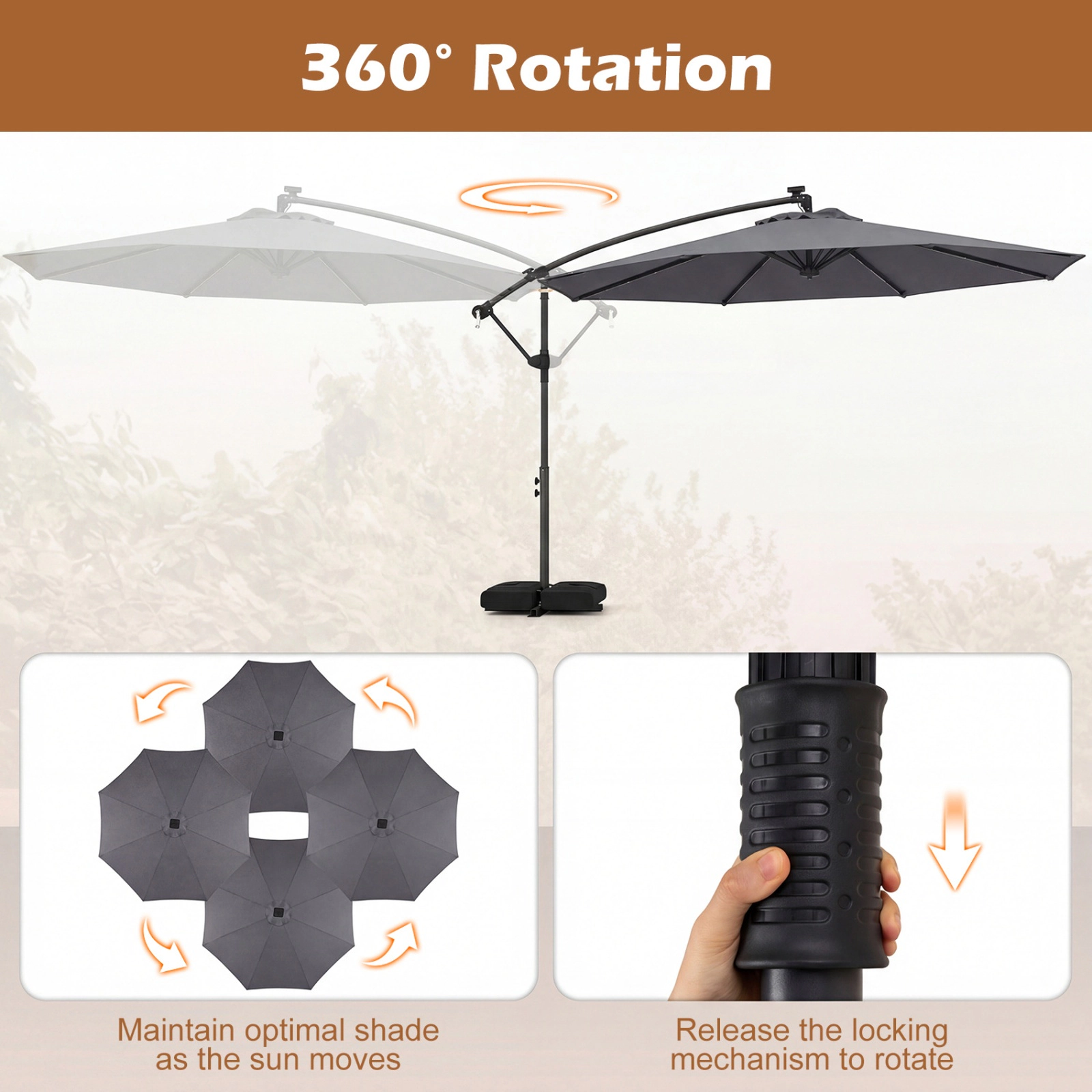 SUGIFT 10-ft Brown Solar LED Offset Cantilever Patio Umbrella with Weighted Cross Base 116-lb Capacity