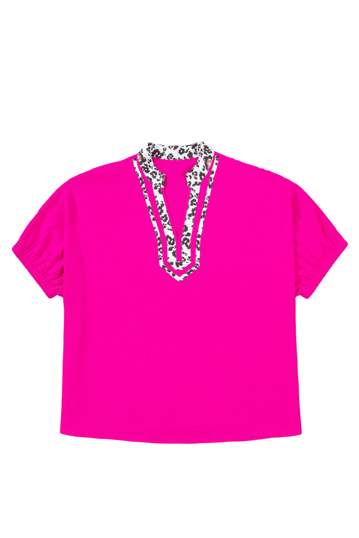 Threaded Pear Rose Red Leopard Accent Notched Neck Plus Short Sleeve Top